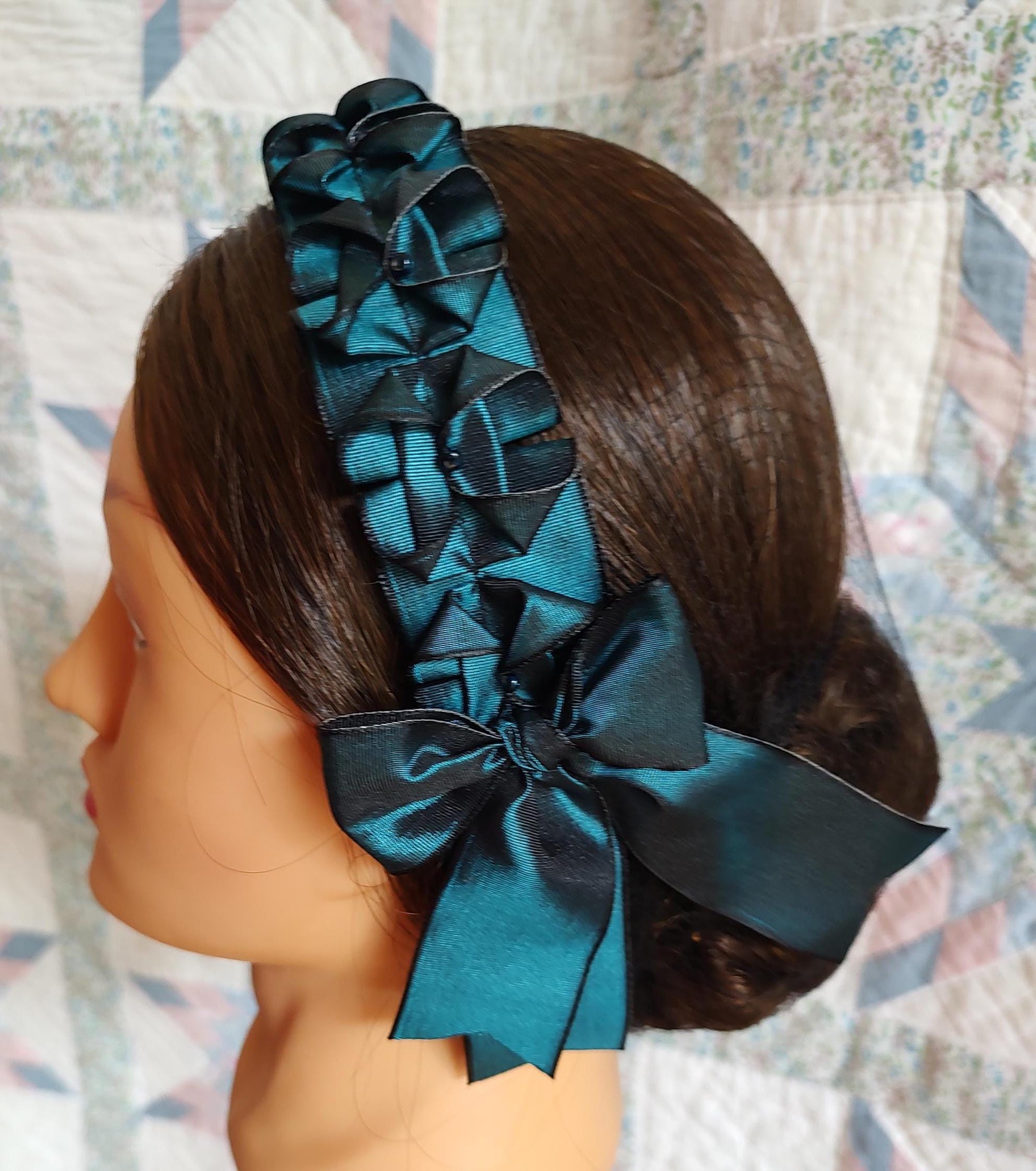 Civil War Hairnet Embellished with Teal/ Black Changeable Folded Ribbon, Mid-19th Century, Victorian, Headpiece,