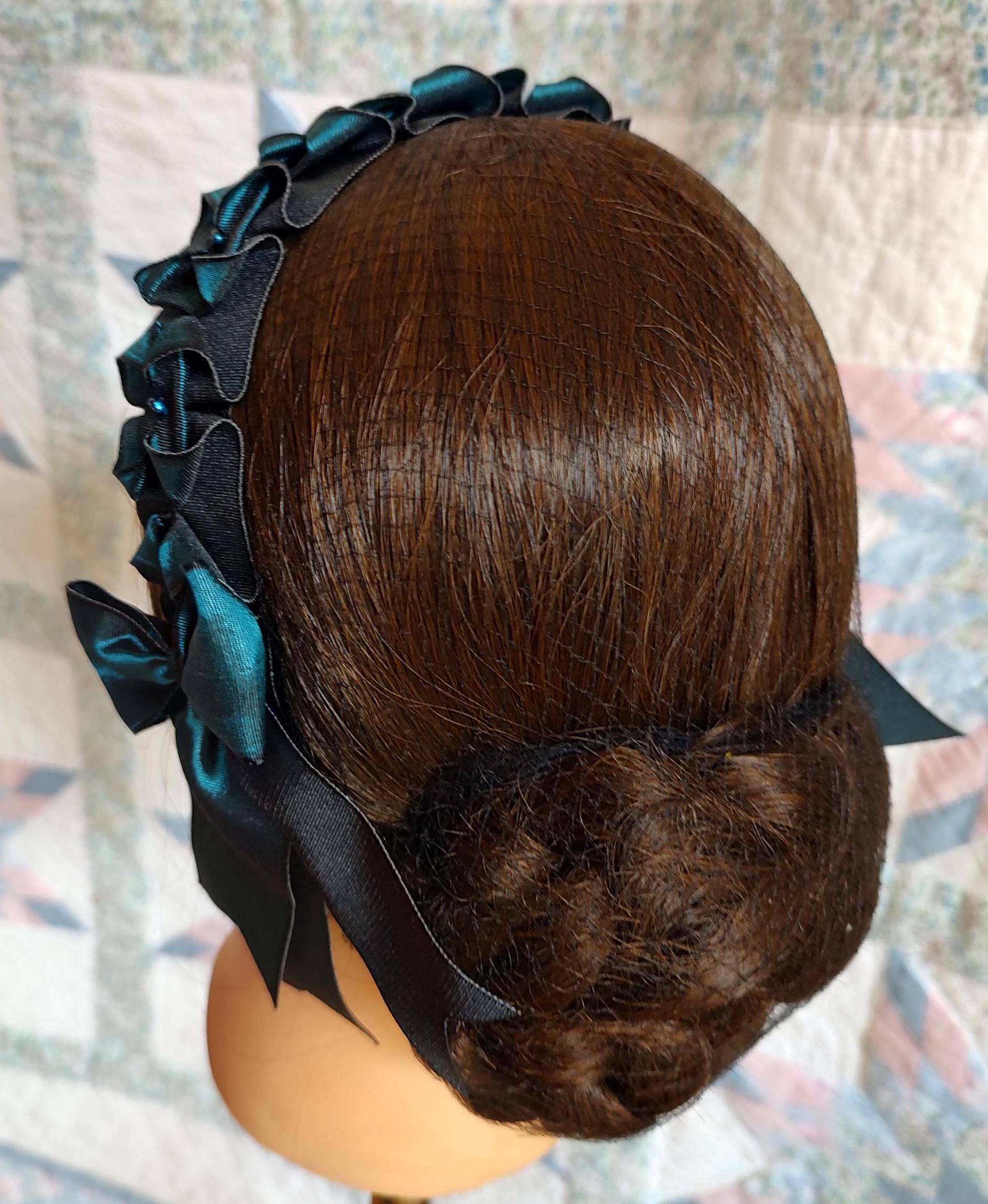 Civil War Hairnet Embellished with Teal/ Black Changeable Folded Ribbon, Mid-19th Century, Victorian, Headpiece,