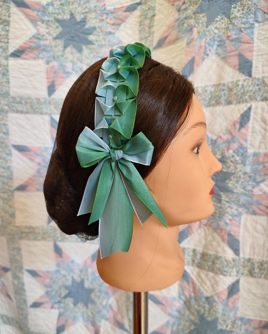 Civil War Hairnet Embellished with Blue/Green Ombre Folded Ribbon, Mid-19th Century, Victorian, Headpiece,