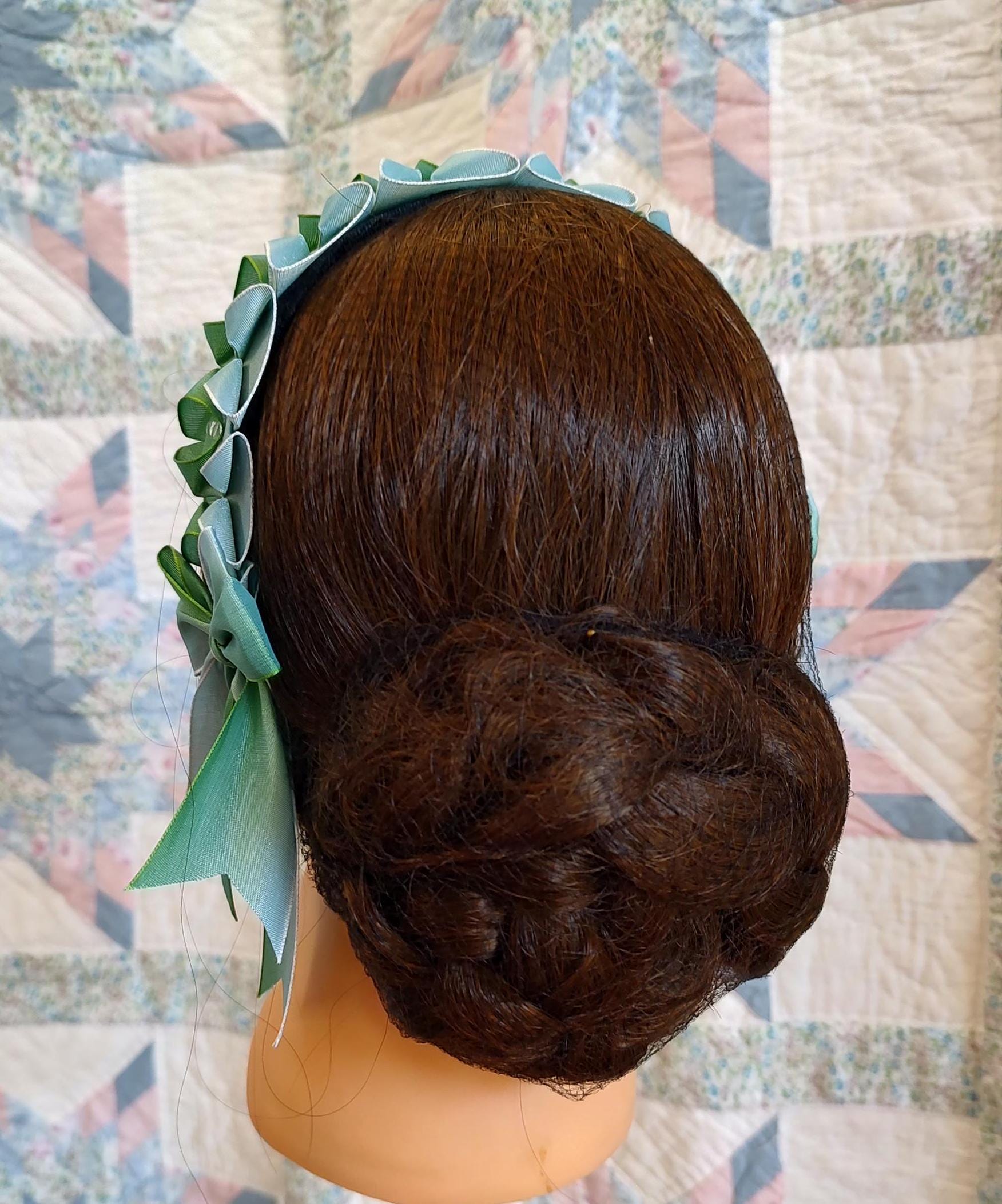 Civil War Hairnet Embellished with Blue/Green Ombre Folded Ribbon, Mid-19th Century, Victorian, Headpiece,