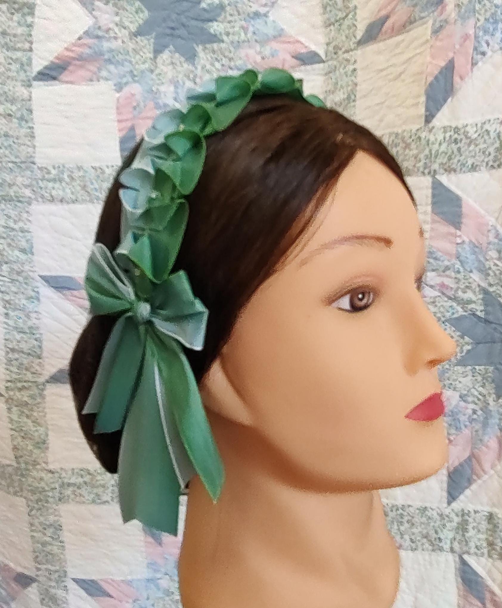 Civil War Hairnet Embellished with Blue/Green Ombre Folded Ribbon, Mid-19th Century, Victorian, Headpiece,