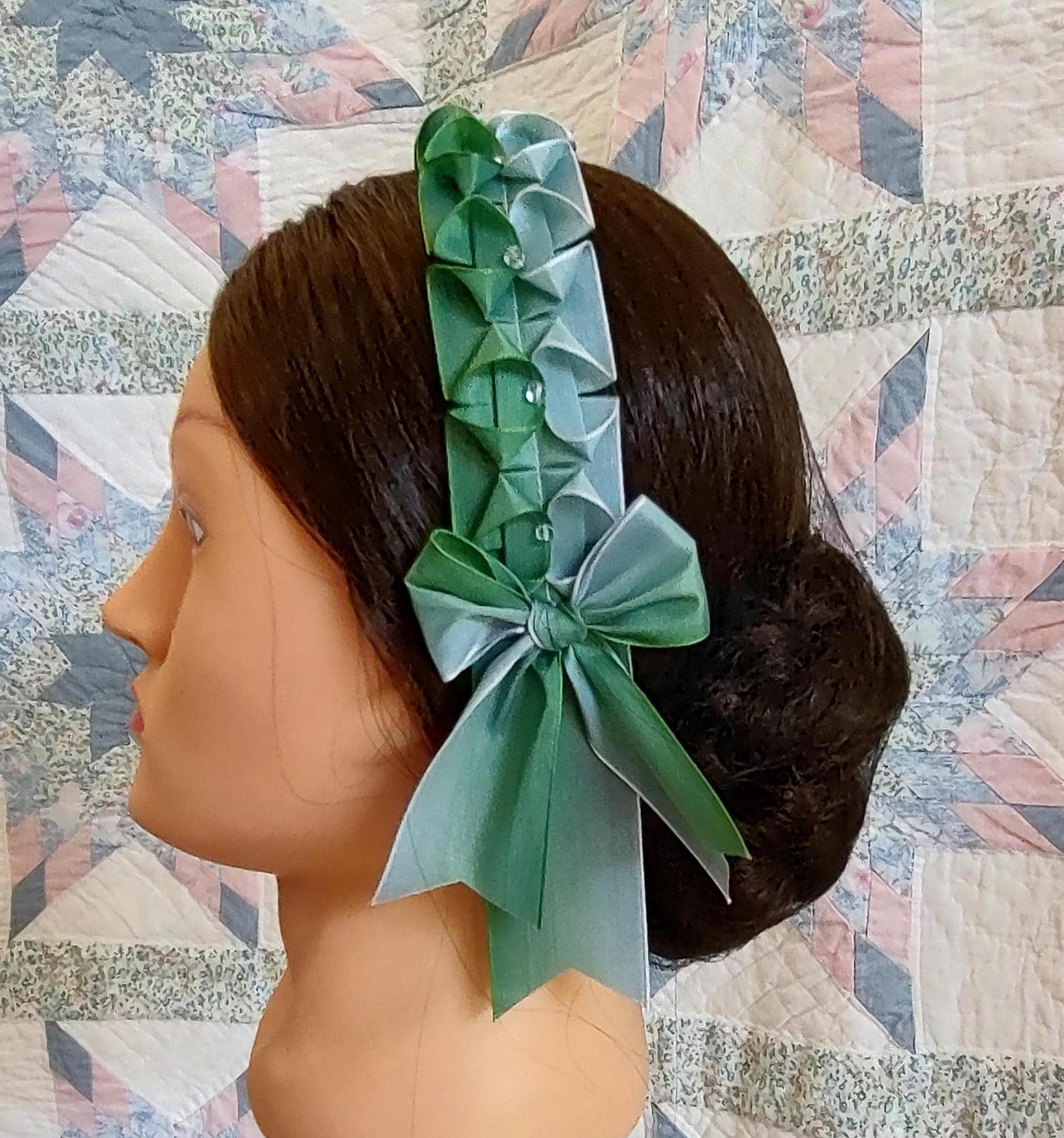 Civil War Hairnet Embellished with Blue/Green Ombre Folded Ribbon, Mid-19th Century, Victorian, Headpiece,