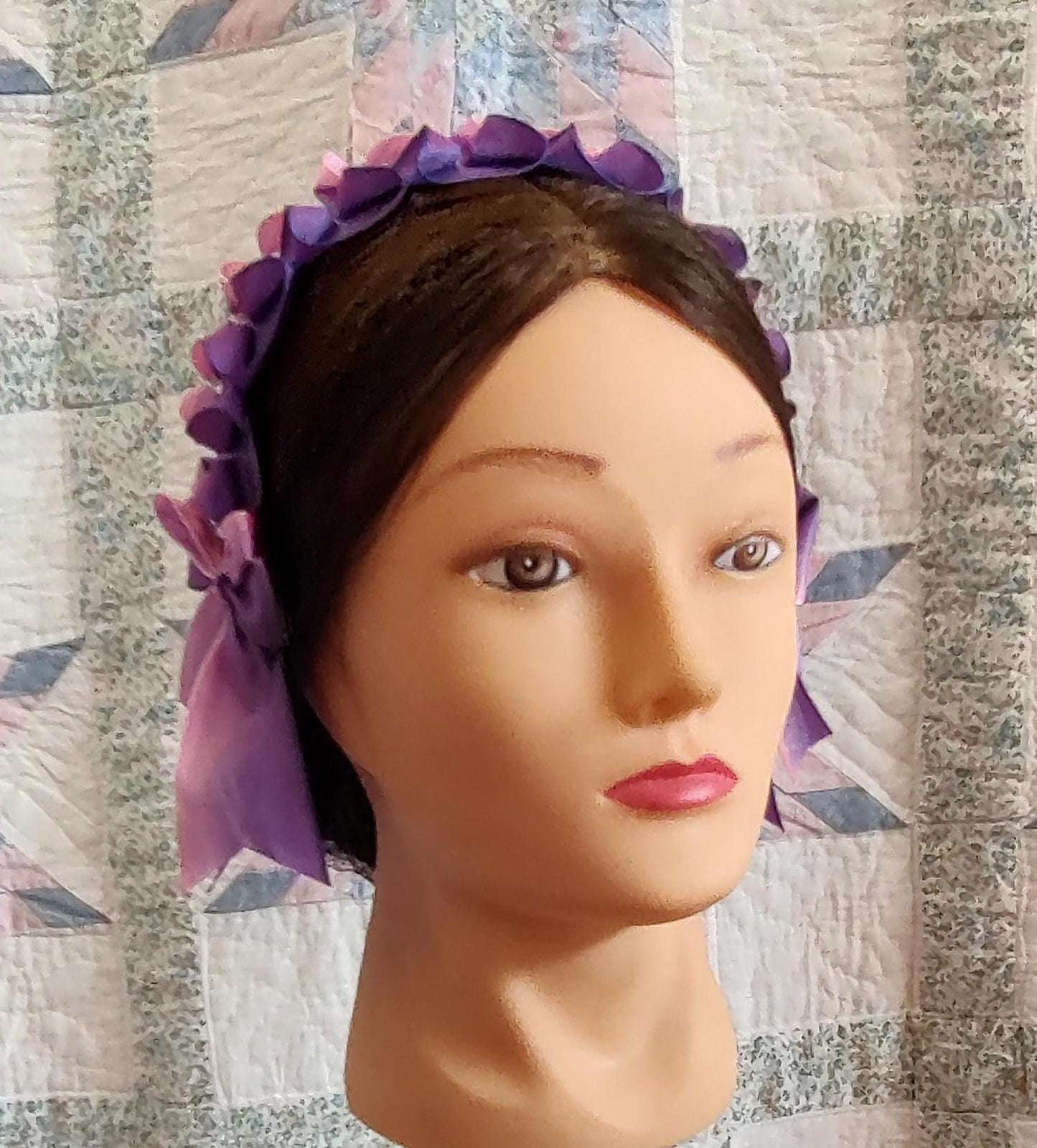 Civil War Hairnet Embellished with Pink/Purple Ombre Folded Ribbon, Mid-19th Century, Victorian, Headpiece,