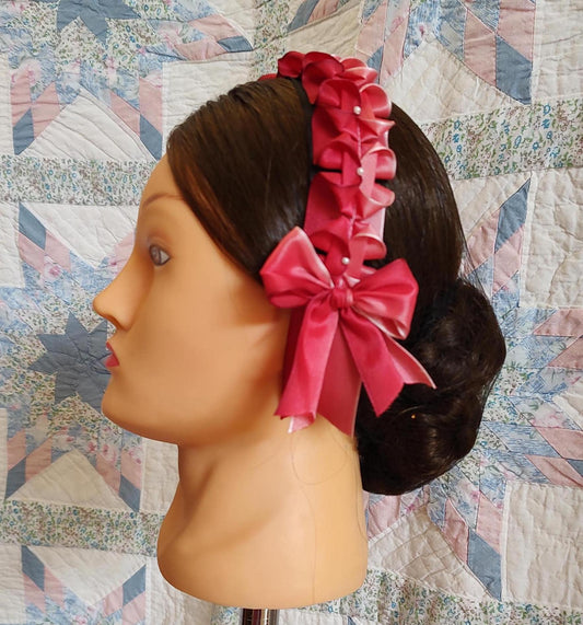 Civil War Hairnet Embellished with Red Ombre Folded Ribbon, Mid-19th Century, Victorian, Headpiece,
