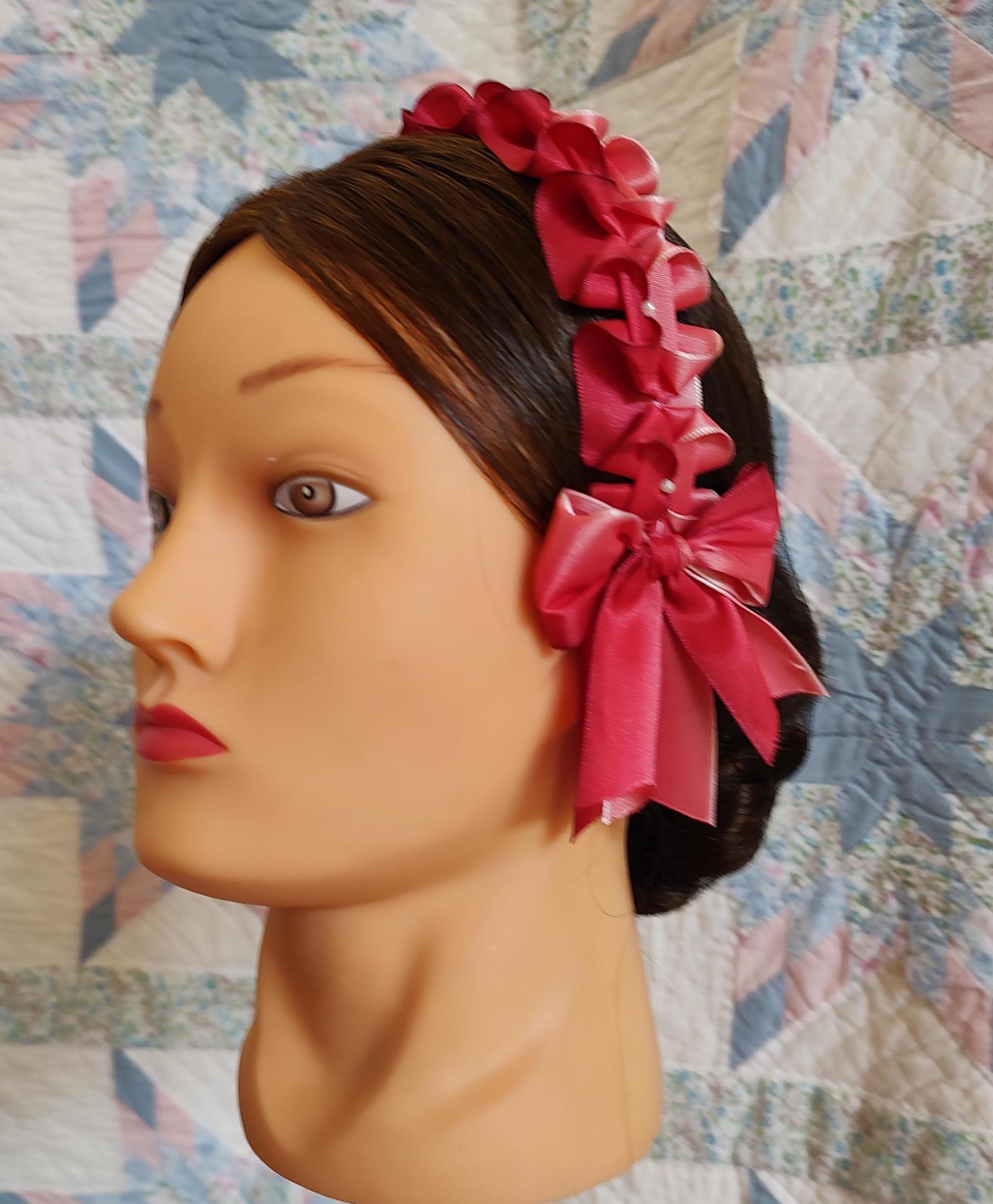 Civil War Hairnet Embellished with Red Ombre Folded Ribbon, Mid-19th Century, Victorian, Headpiece,