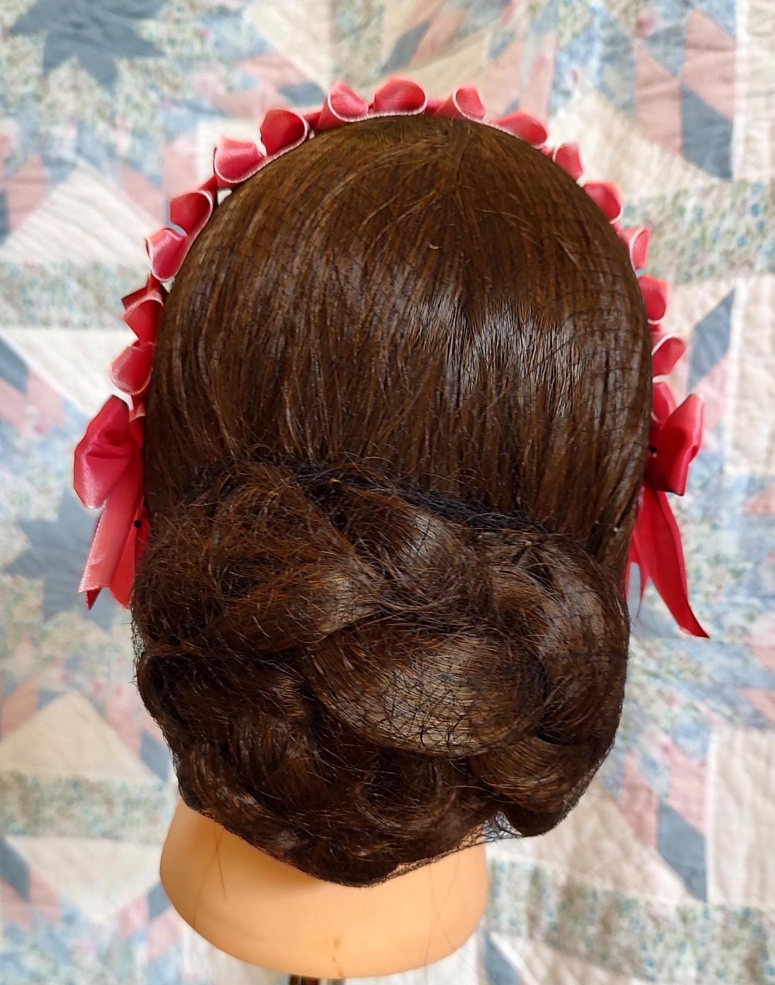 Civil War Hairnet Embellished with Red Ombre Folded Ribbon, Mid-19th Century, Victorian, Headpiece,