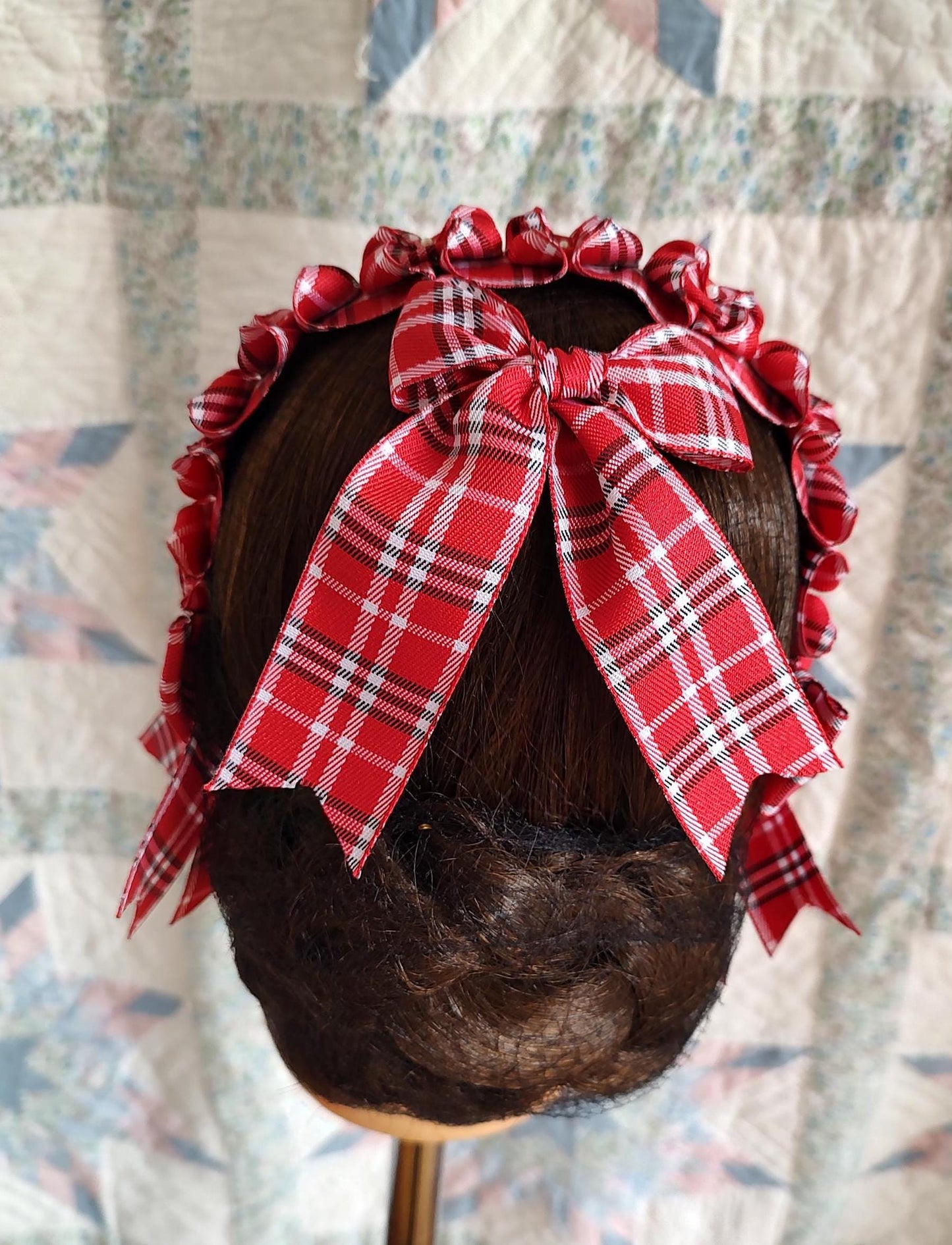 Civil War Hairnet Embellished with Red/ White and Black Folded Ribbon, Mid-19th Century, Victorian, Headpiece,