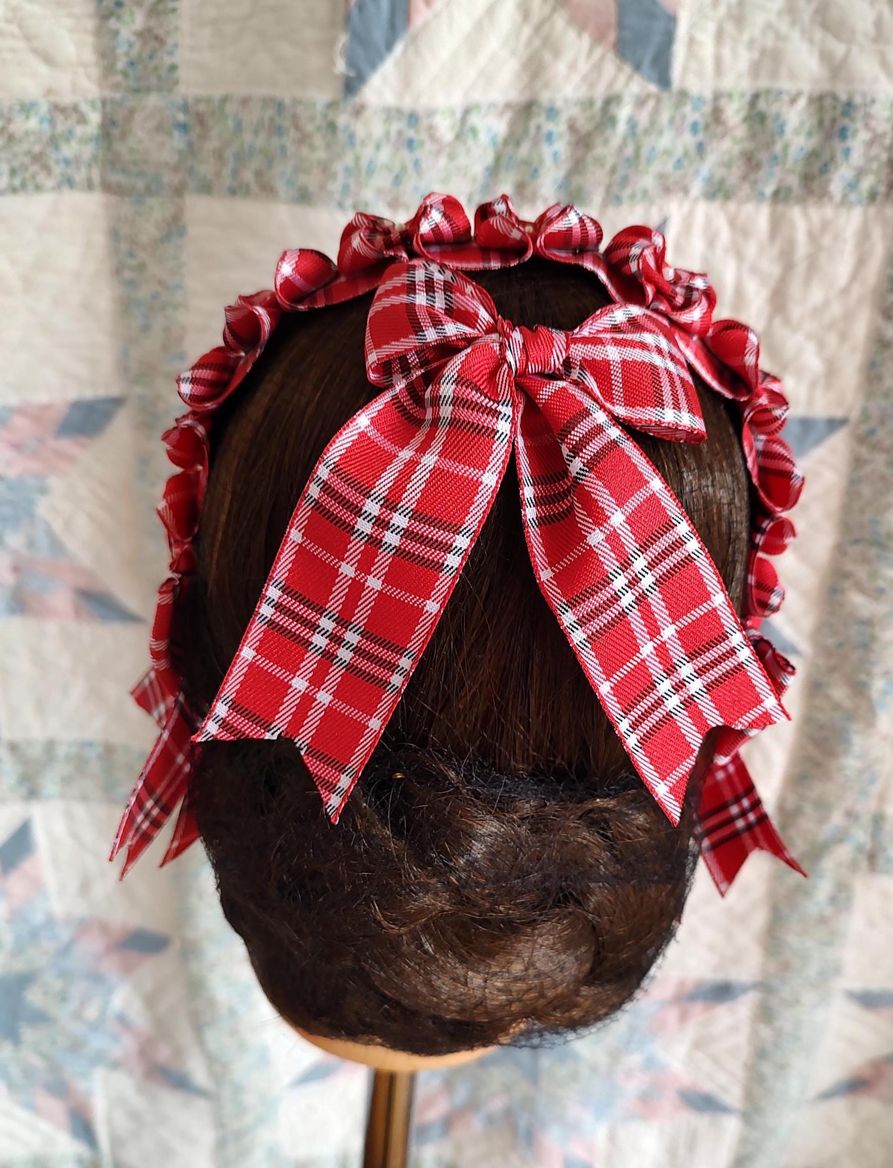 Civil War Hairnet Embellished with Red/ White and Black Folded Ribbon, Mid-19th Century, Victorian, Headpiece,