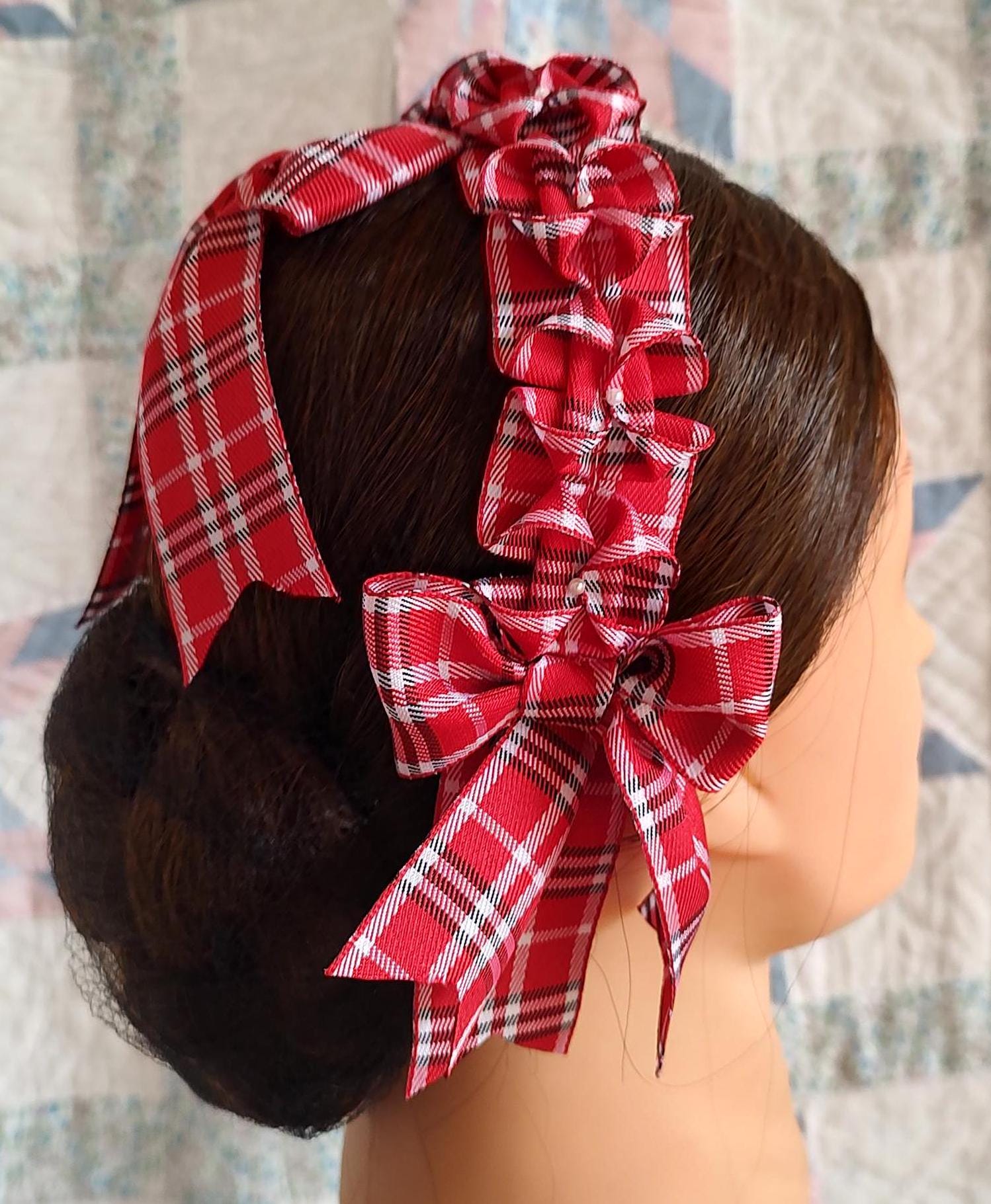 Civil War Hairnet Embellished with Red/ White and Black Folded Ribbon, Mid-19th Century, Victorian, Headpiece,