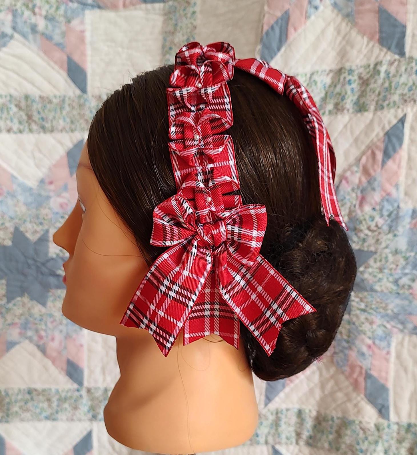 Civil War Hairnet Embellished with Red/ White and Black Folded Ribbon, Mid-19th Century, Victorian, Headpiece,