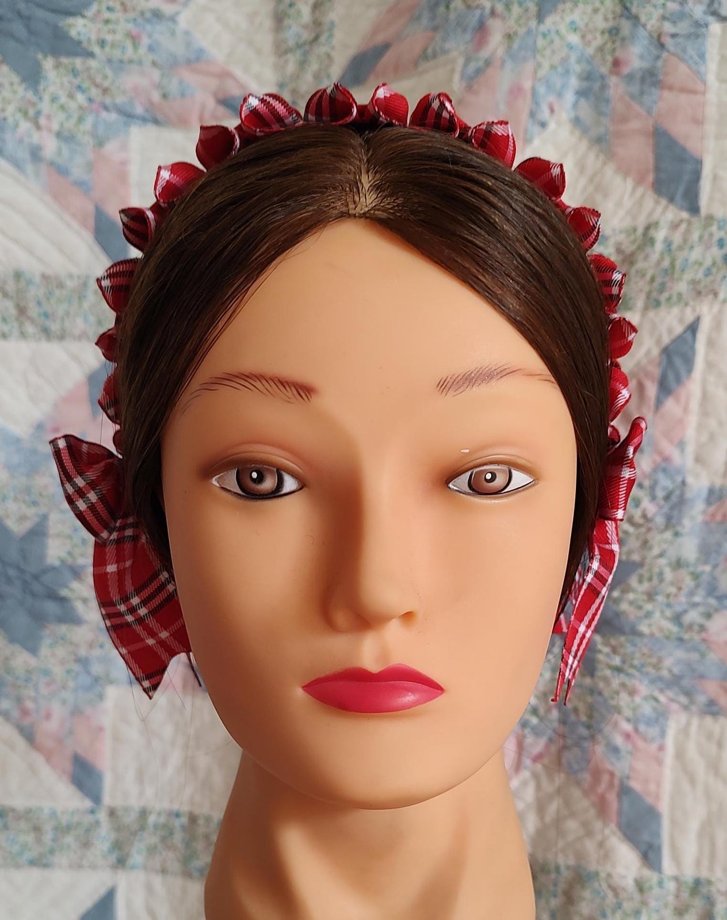 Civil War Hairnet Embellished with Red/ White and Black Folded Ribbon, Mid-19th Century, Victorian, Headpiece,