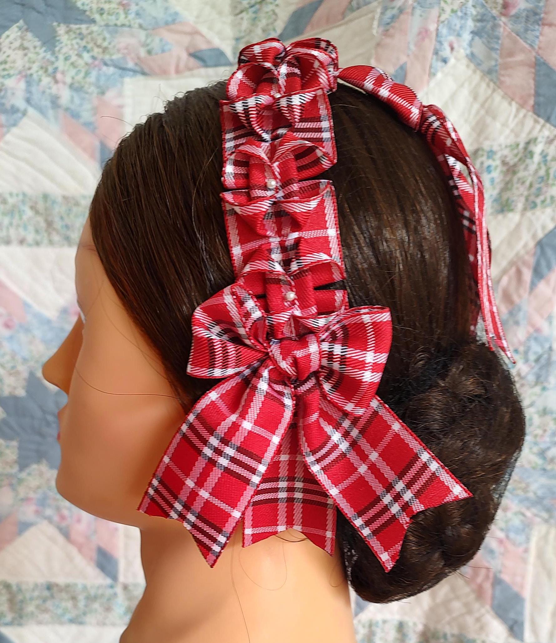 Civil War Hairnet Embellished with Red/ White and Black Folded Ribbon, Mid-19th Century, Victorian, Headpiece,
