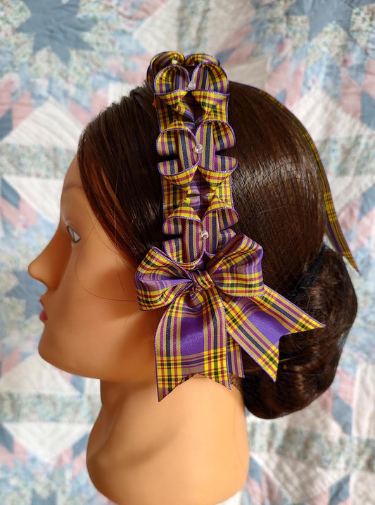 Civil War Hairnet Embellished with Purple and Yellow Plaid Folded Ribbon, Mid-19th Century, Victorian, Headpiece,