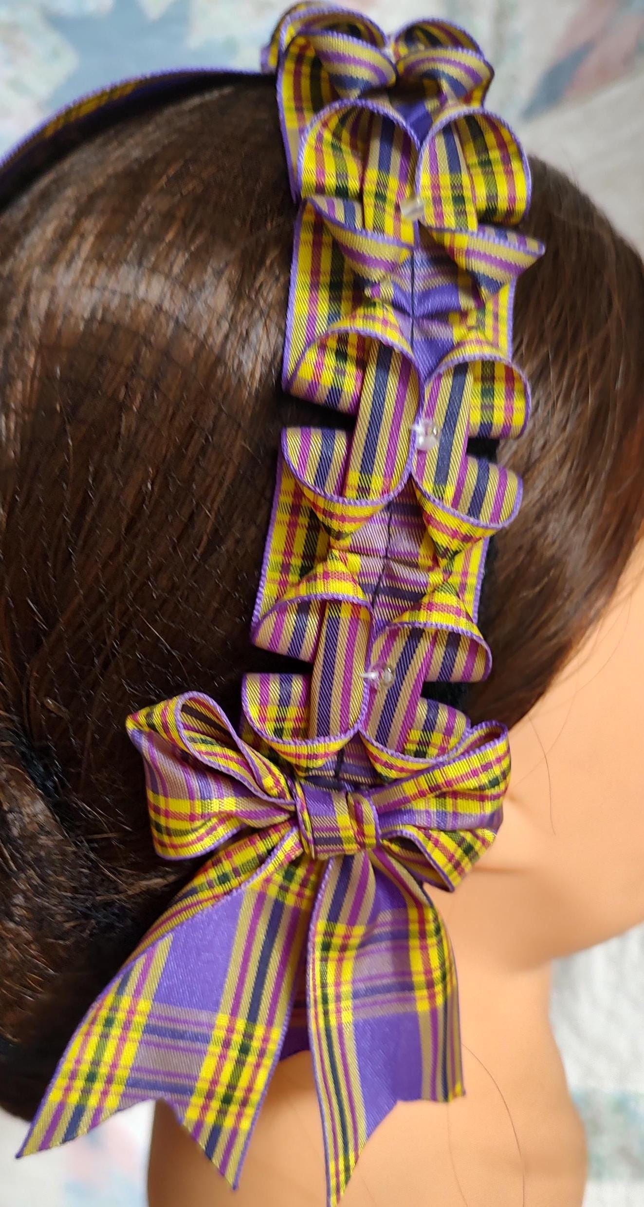 Civil War Hairnet Embellished with Purple and Yellow Plaid Folded Ribbon, Mid-19th Century, Victorian, Headpiece,