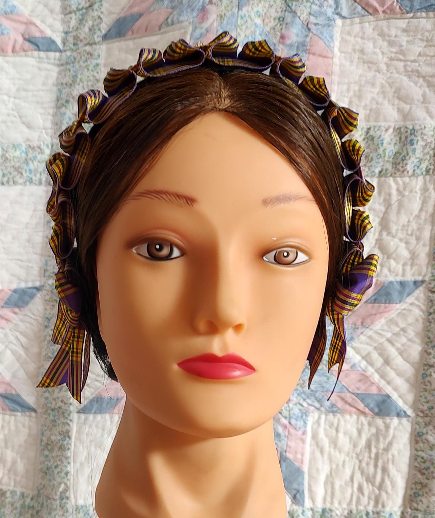 Civil War Hairnet Embellished with Purple and Yellow Plaid Folded Ribbon, Mid-19th Century, Victorian, Headpiece,