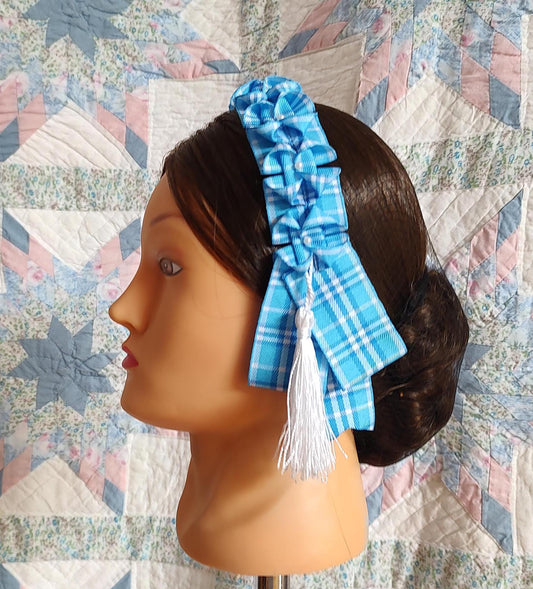 Civil War Hairnet Embellished with Blue Plaid Folded Ribbon and Tassels, Mid-19th Century, Victorian, Headpiece,