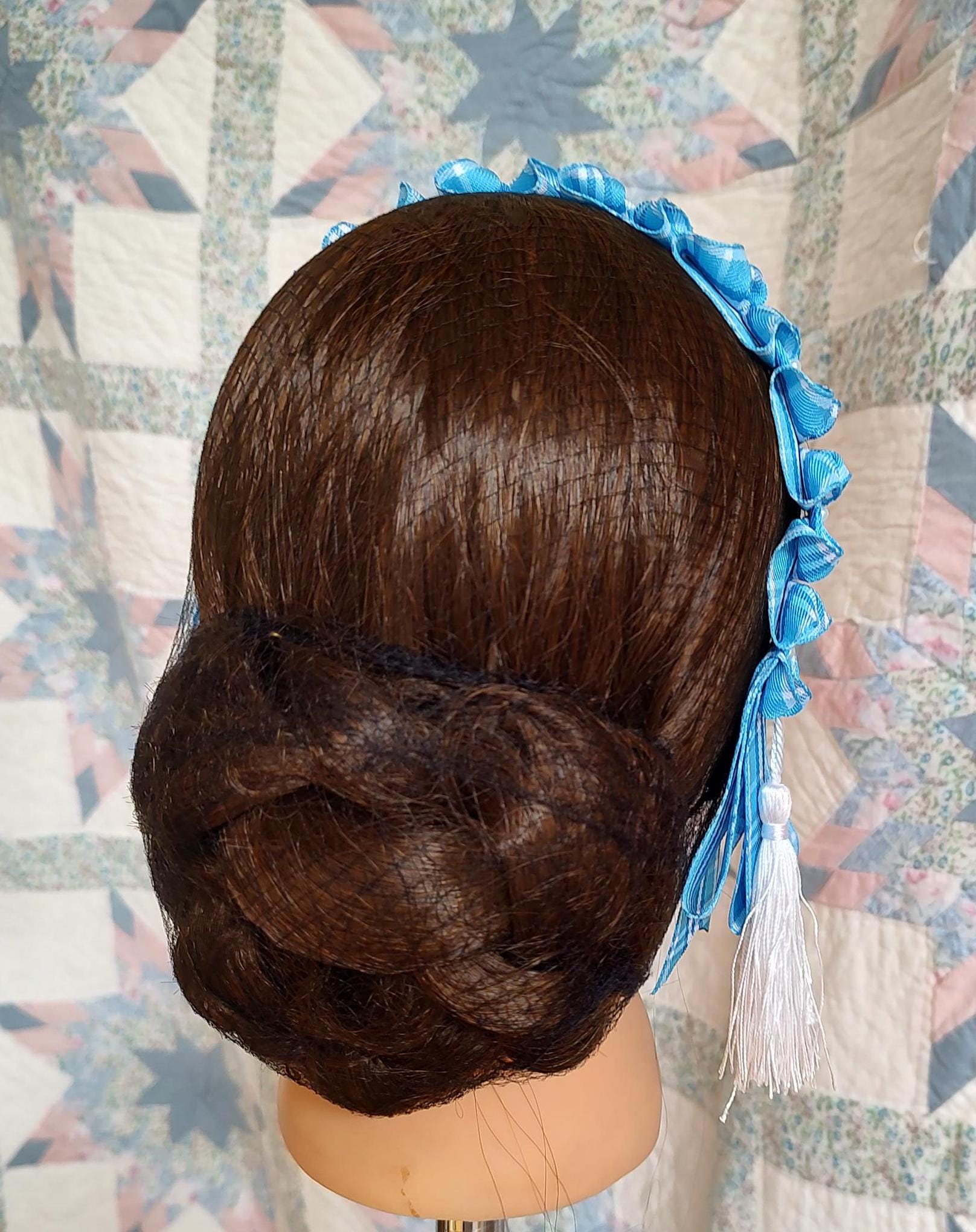 Civil War Hairnet Embellished with Blue Plaid Folded Ribbon and Tassels, Mid-19th Century, Victorian, Headpiece,