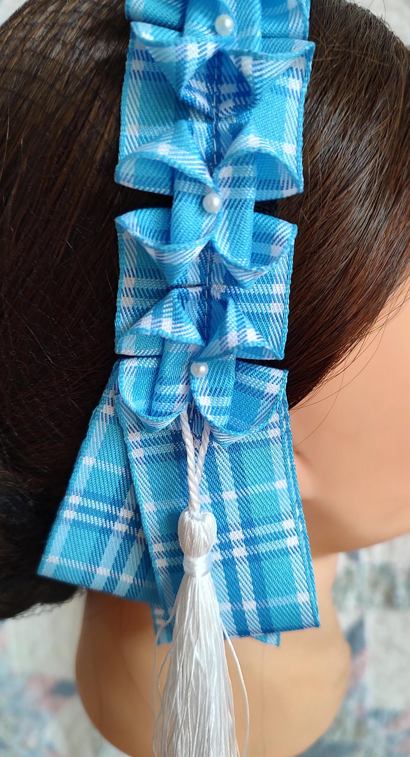 Civil War Hairnet Embellished with Blue Plaid Folded Ribbon and Tassels, Mid-19th Century, Victorian, Headpiece,