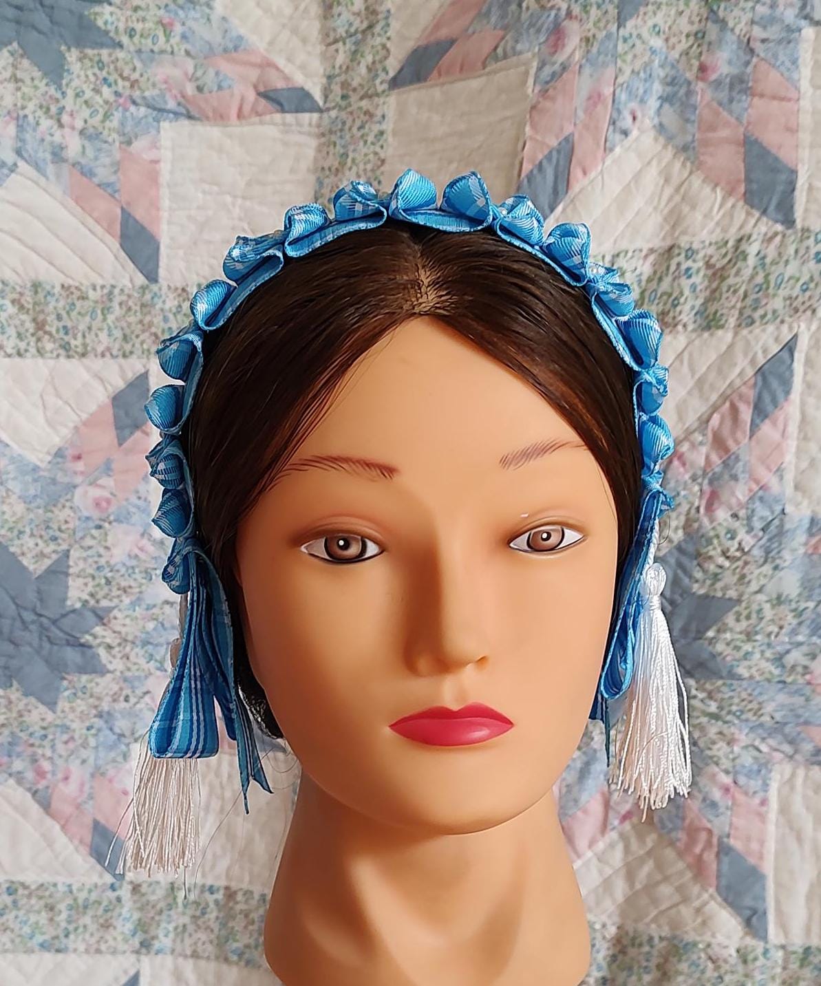 Civil War Hairnet Embellished with Blue Plaid Folded Ribbon and Tassels, Mid-19th Century, Victorian, Headpiece,