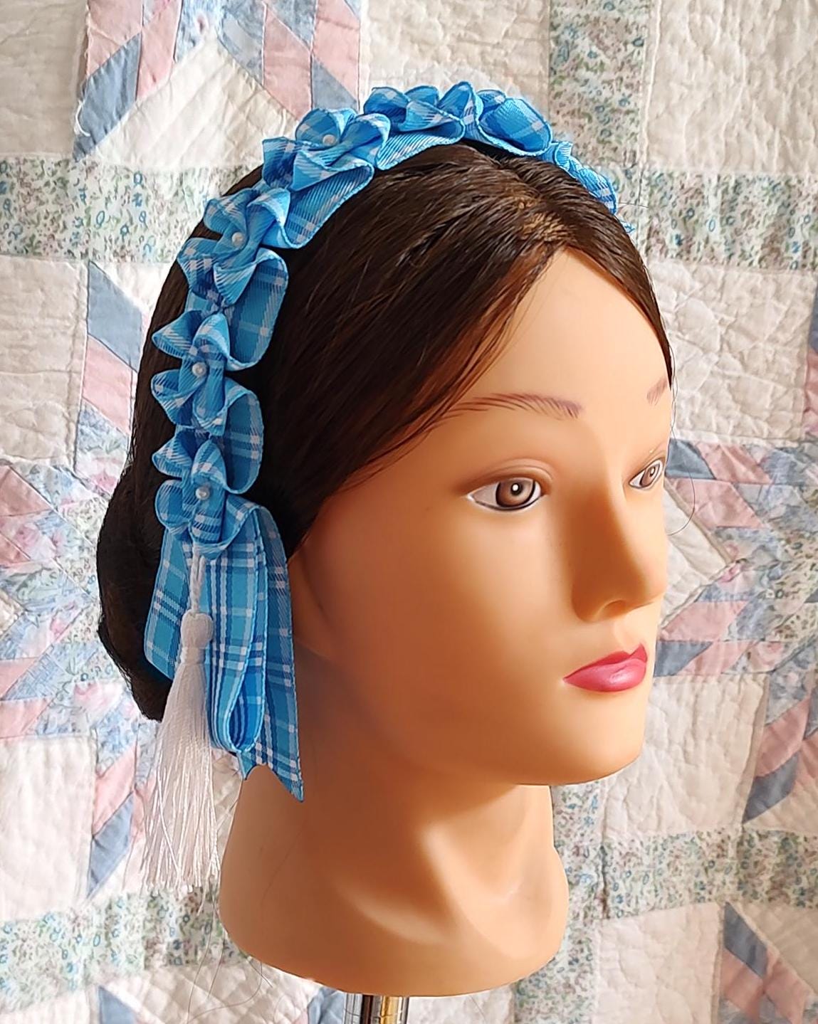 Civil War Hairnet Embellished with Blue Plaid Folded Ribbon and Tassels, Mid-19th Century, Victorian, Headpiece,