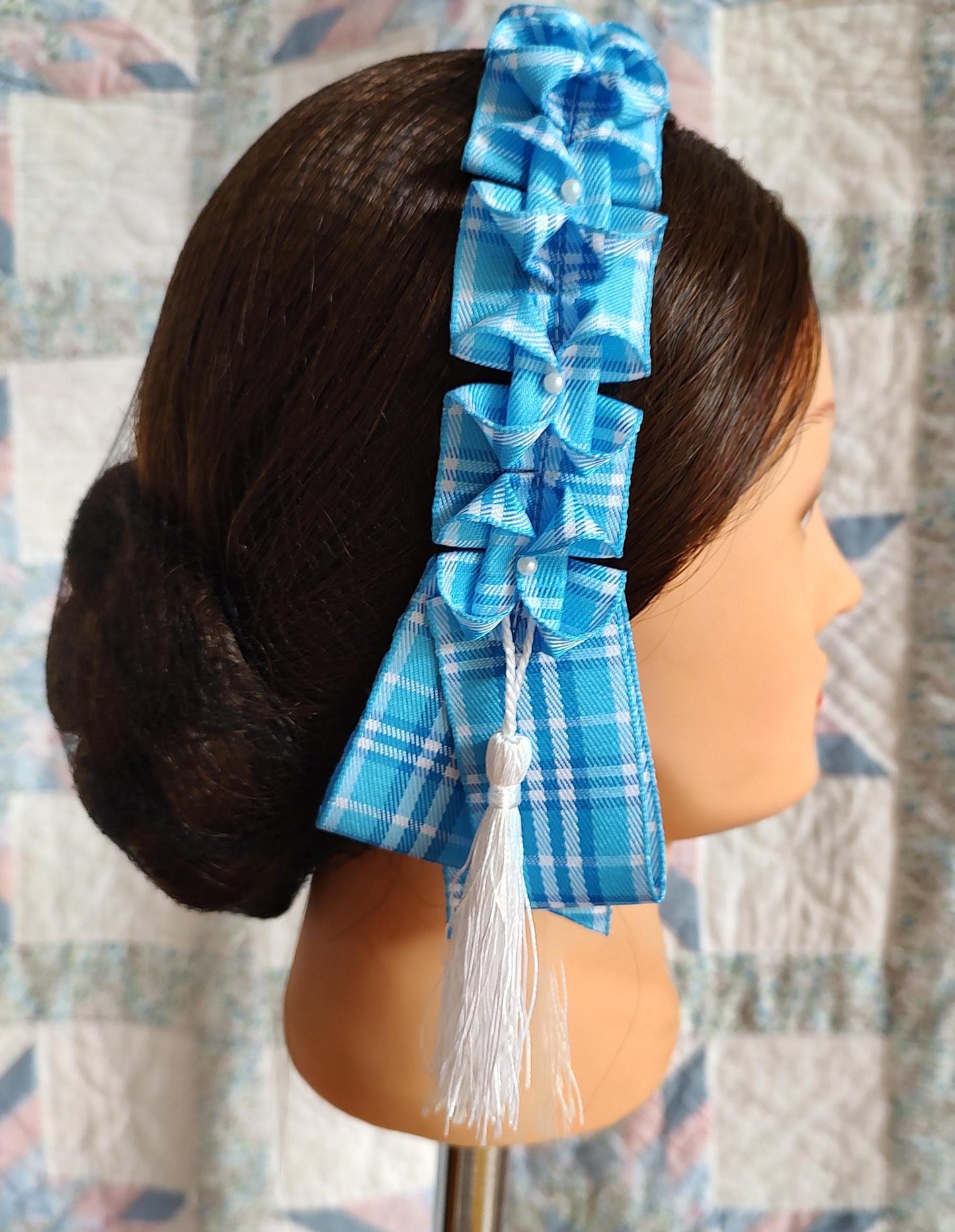 Civil War Hairnet Embellished with Blue Plaid Folded Ribbon and Tassels, Mid-19th Century, Victorian, Headpiece,