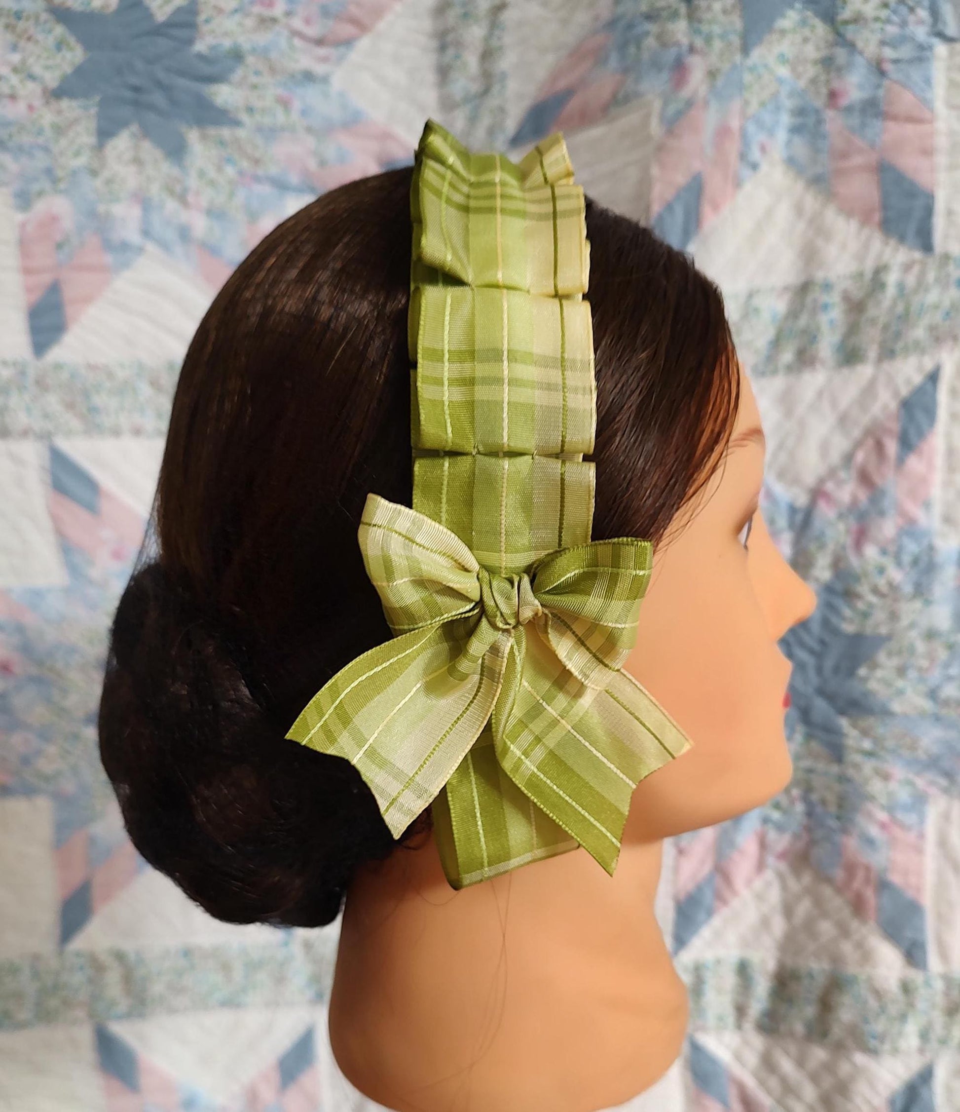 Civil War Hairnet Embellished with Moss Green and Soft YellowPlaid Folded Ribbon, Mid-19th Century, Victorian, Headpiece,