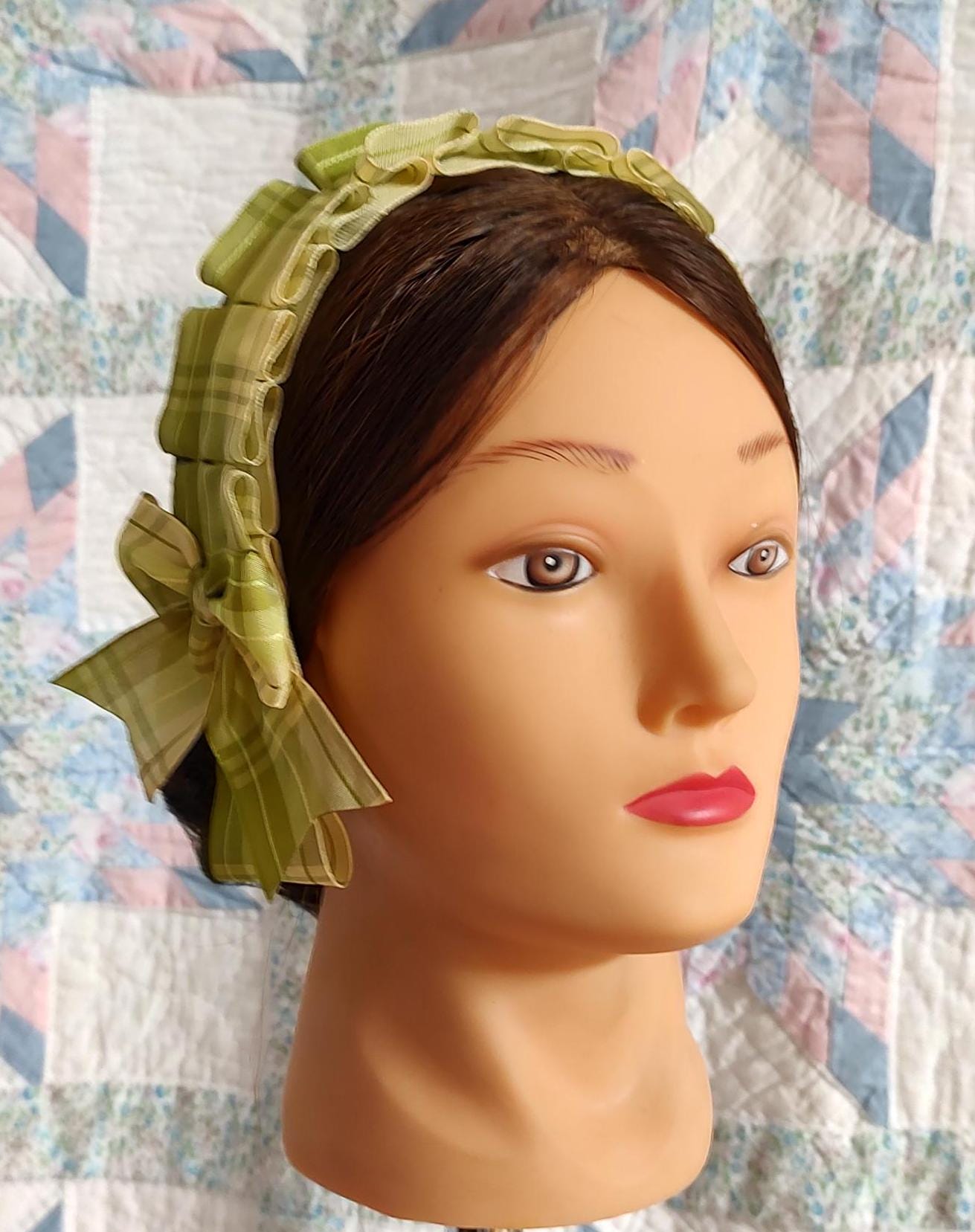 Civil War Hairnet Embellished with Moss Green and Soft YellowPlaid Folded Ribbon, Mid-19th Century, Victorian, Headpiece,