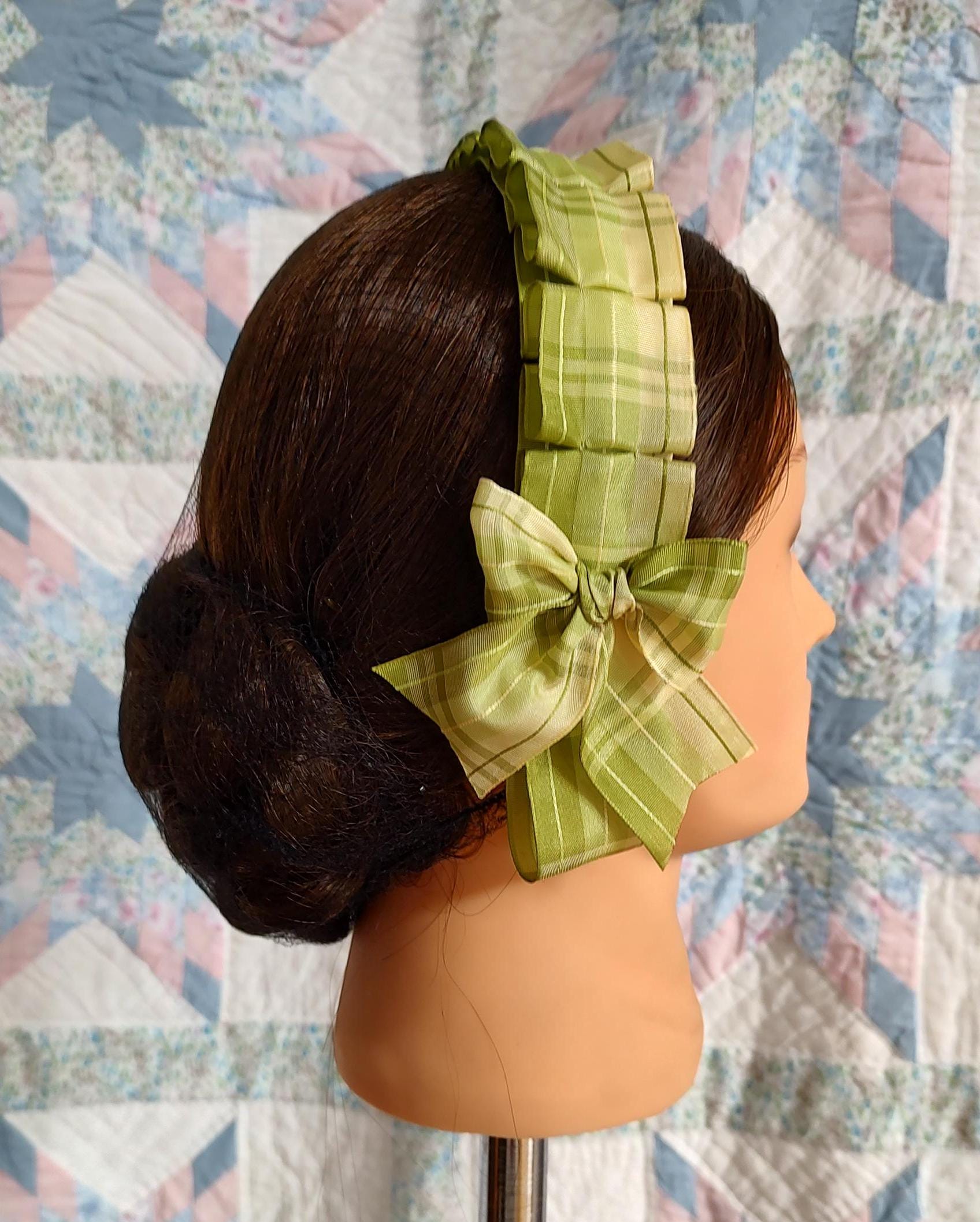 Civil War Hairnet Embellished with Moss Green and Soft YellowPlaid Folded Ribbon, Mid-19th Century, Victorian, Headpiece,