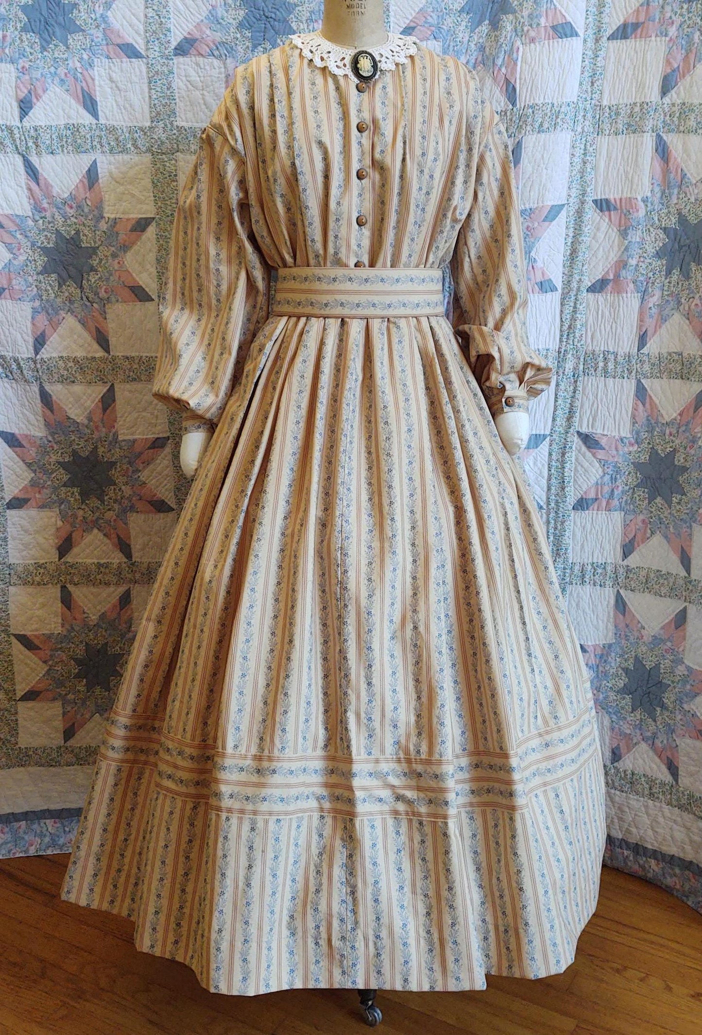 Striped Civil War Era Dress / Day Wrapper in Calico Print, camp, work or day dress, Victorian, Pioneer, Historical, 19th Century