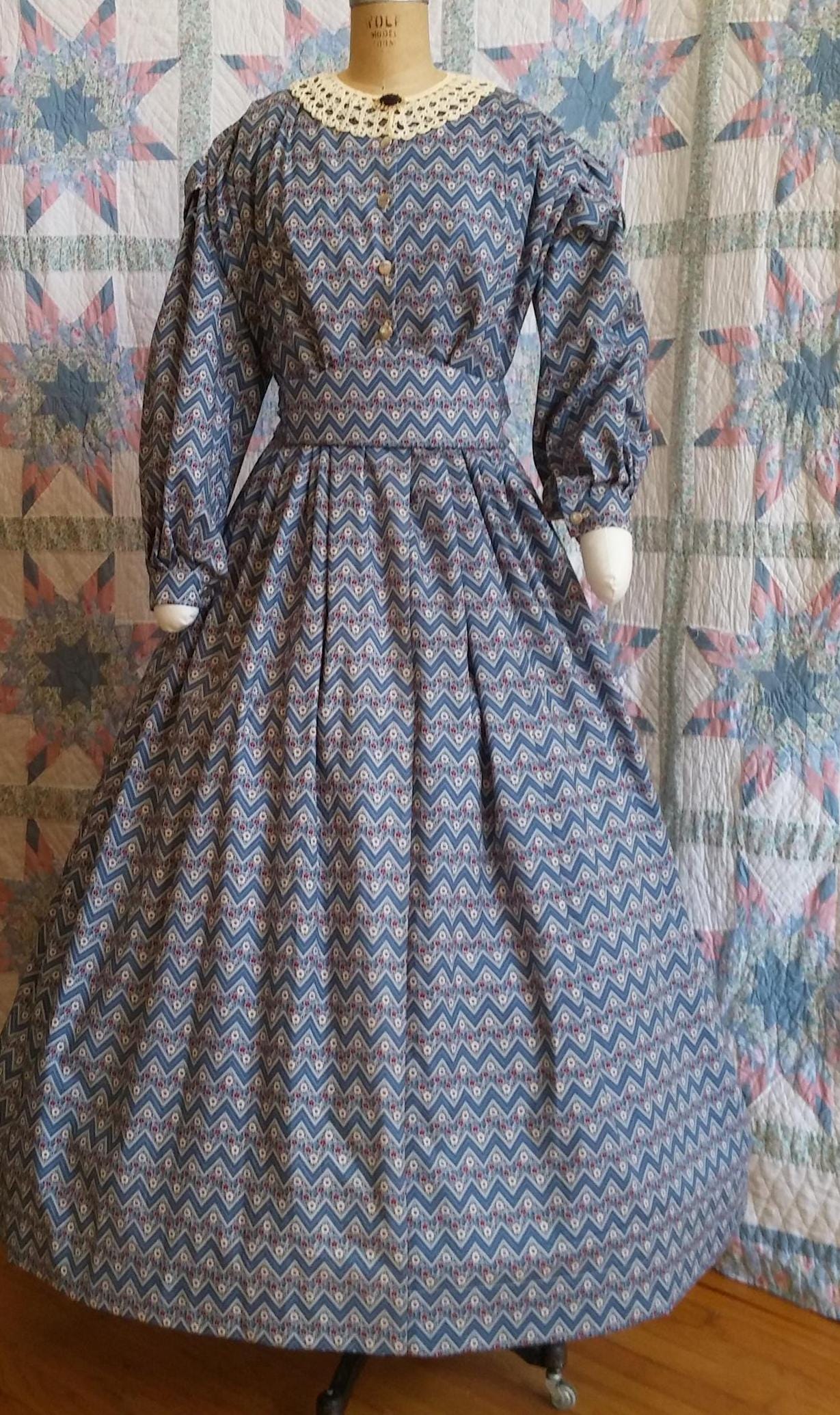 Striped Civil War Era Dress / Day Wrapper in Calico Print, camp, work or day dress, Victorian, Pioneer, Historical, 19th Century