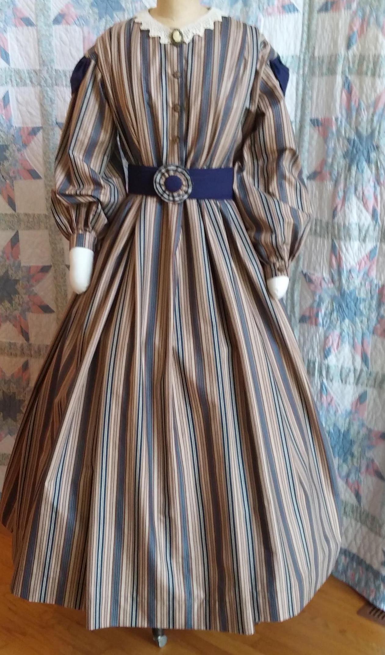 Striped Civil War Era Dress / Day Wrapper in Calico Print, camp, work or day dress, Victorian, Pioneer, Historical, 19th Century