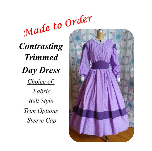Civil War Era Dress Trimmed in Complimentary Fabric / Day Wrapper, camp, work or day dress, Victorian, Pioneer, Historical, 19th Century