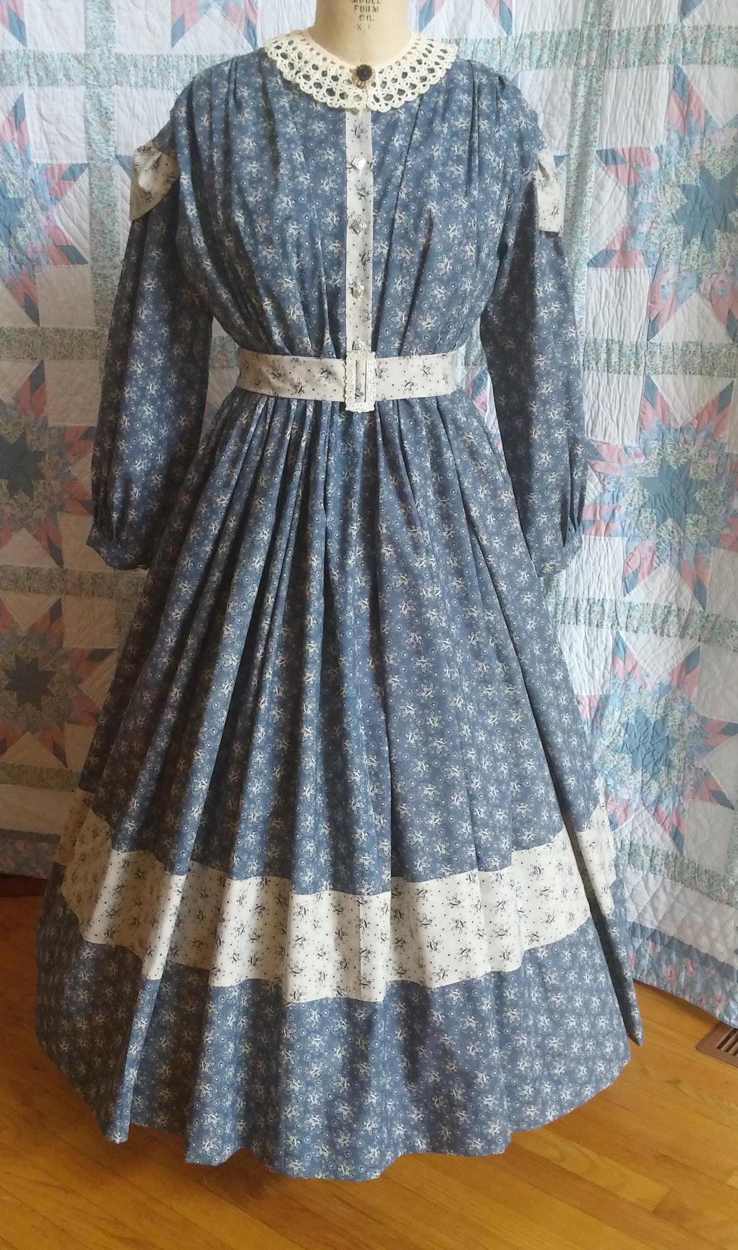 Civil War Era Dress Trimmed in Complimentary Fabric / Day Wrapper, camp, work or day dress, Victorian, Pioneer, Historical, 19th Century
