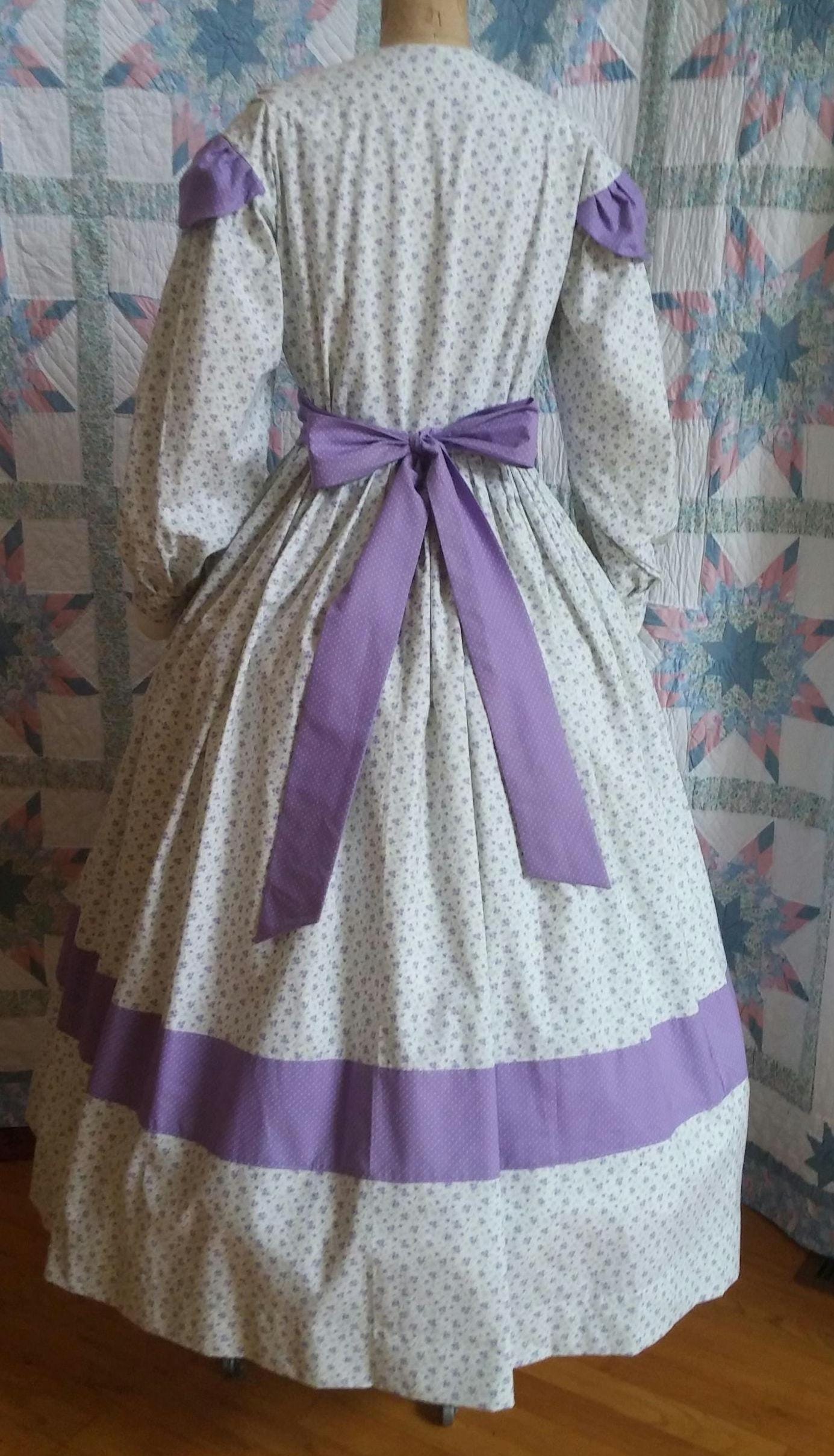 Civil War Era Dress Trimmed in Complimentary Fabric / Day Wrapper, camp, work or day dress, Victorian, Pioneer, Historical, 19th Century
