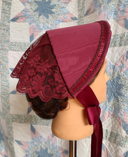 Wine Fanchon Bonnet, Choice of Embellishment, Dinner Bonnet - Empire Bonnet - Civil War - 19th century Victorian