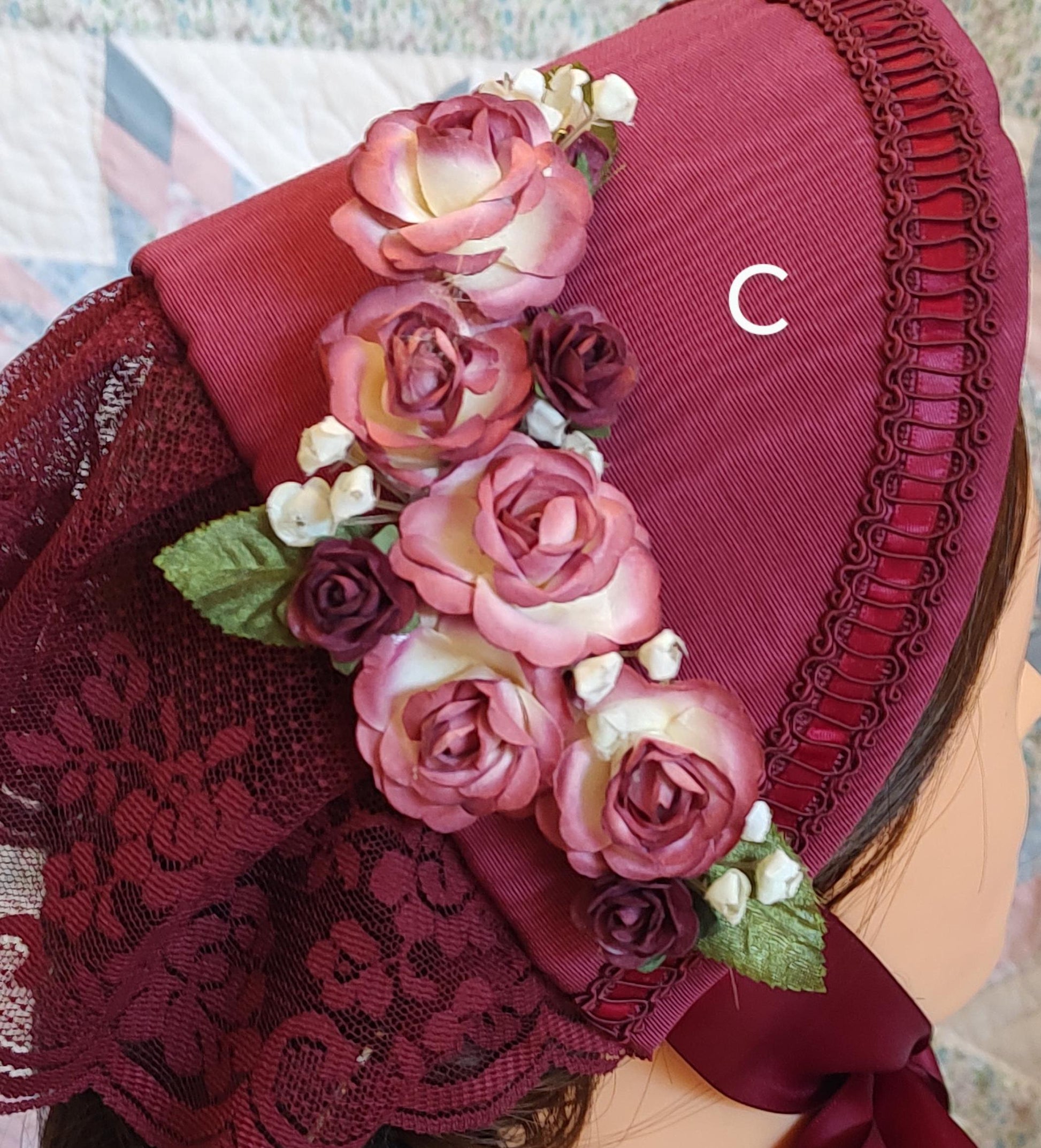 Wine Fanchon Bonnet, Choice of Embellishment, Dinner Bonnet - Empire Bonnet - Civil War - 19th century Victorian