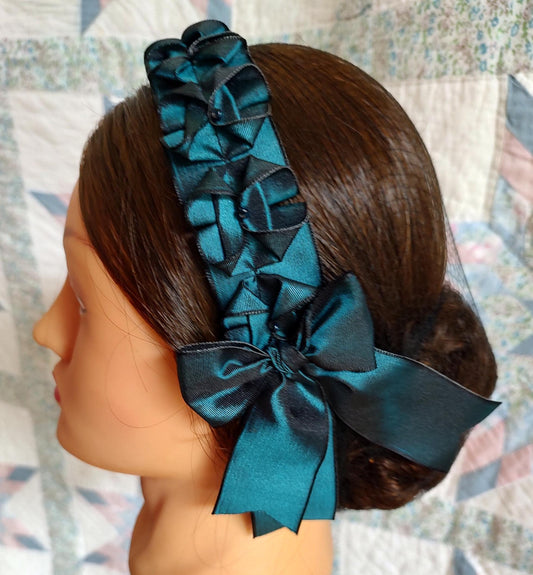 Civil War Hairnet Embellished with Teal/ Black Changeable Folded Ribbon, Mid-19th Century, Victorian, Headpiece,