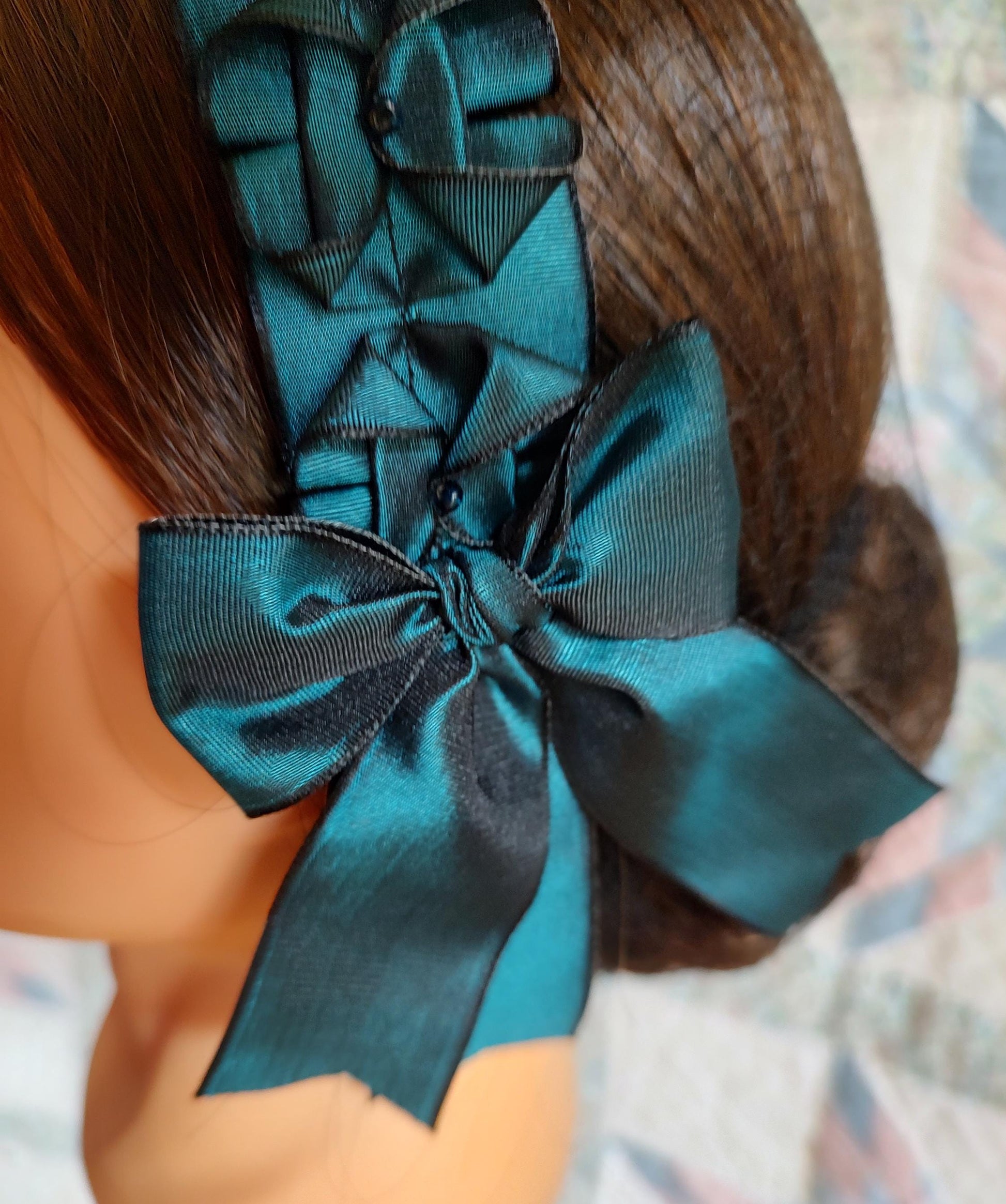 Civil War Hairnet Embellished with Teal/ Black Changeable Folded Ribbon, Mid-19th Century, Victorian, Headpiece,