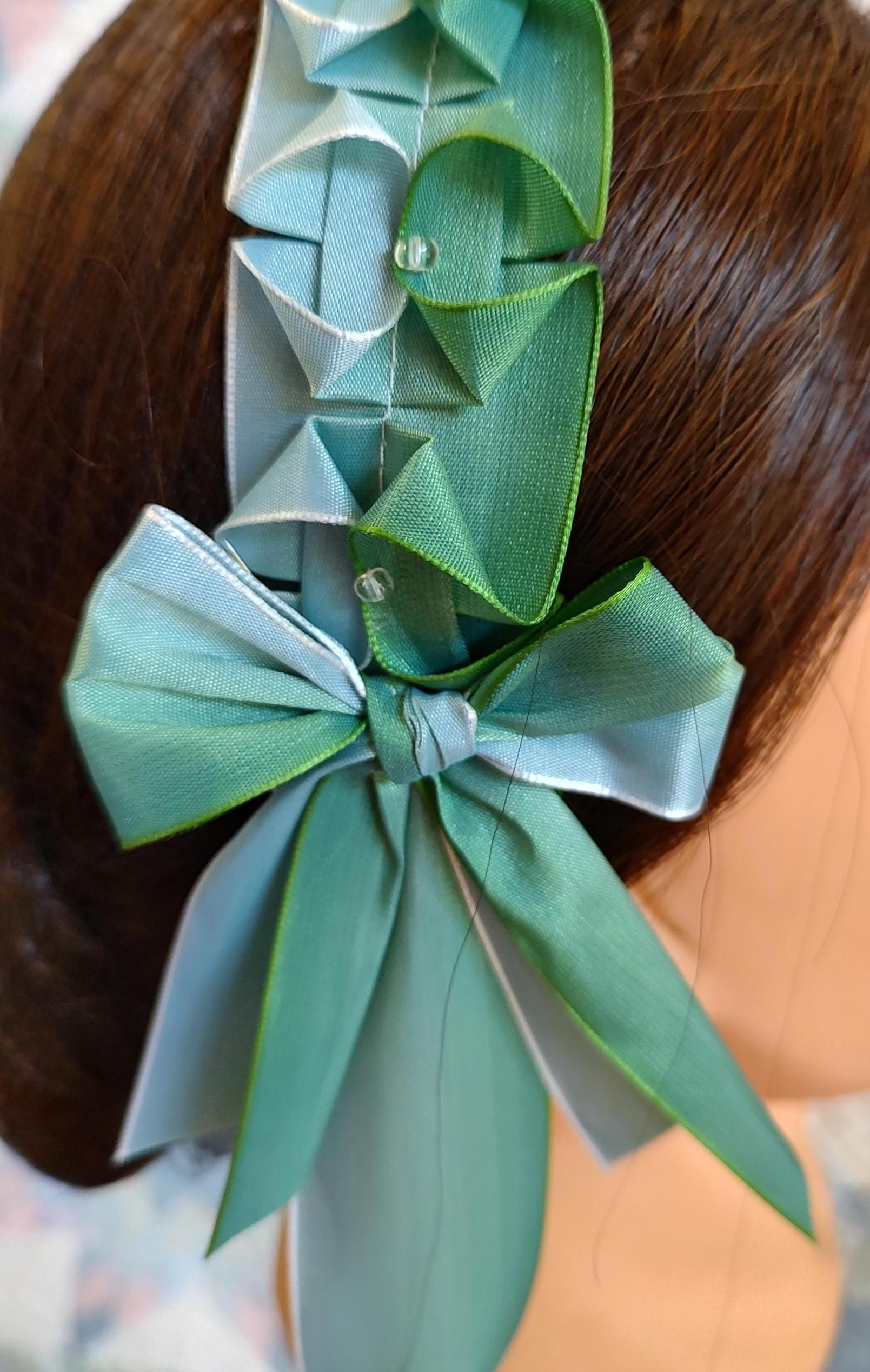 Civil War Hairnet Embellished with Blue/Green Ombre Folded Ribbon, Mid-19th Century, Victorian, Headpiece,