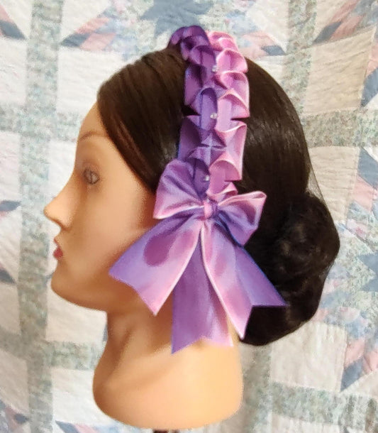 Civil War Hairnet Embellished with Pink/Purple Ombre Folded Ribbon, Mid-19th Century, Victorian, Headpiece,