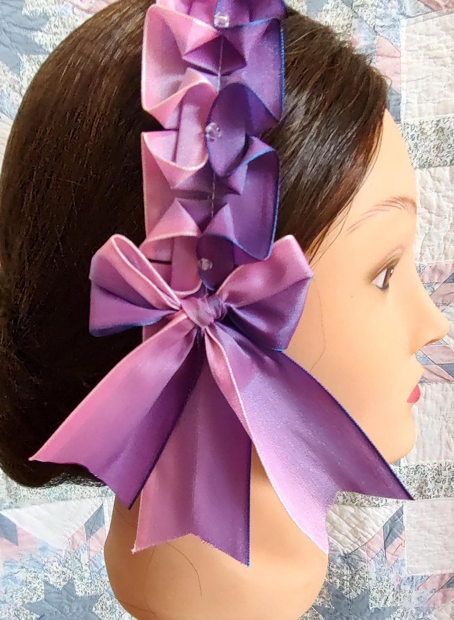 Civil War Hairnet Embellished with Pink/Purple Ombre Folded Ribbon, Mid-19th Century, Victorian, Headpiece,