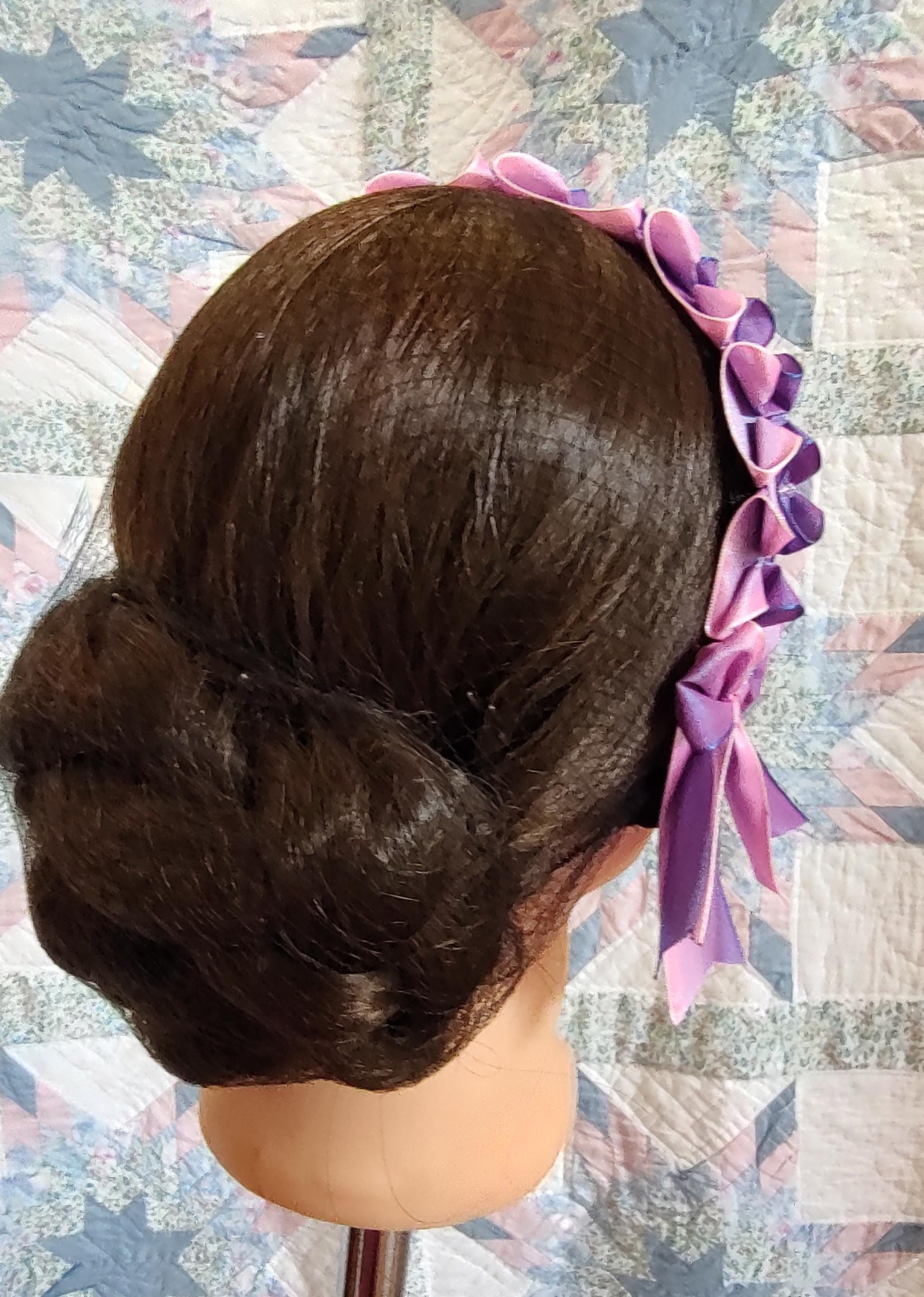 Civil War Hairnet Embellished with Pink/Purple Ombre Folded Ribbon, Mid-19th Century, Victorian, Headpiece,