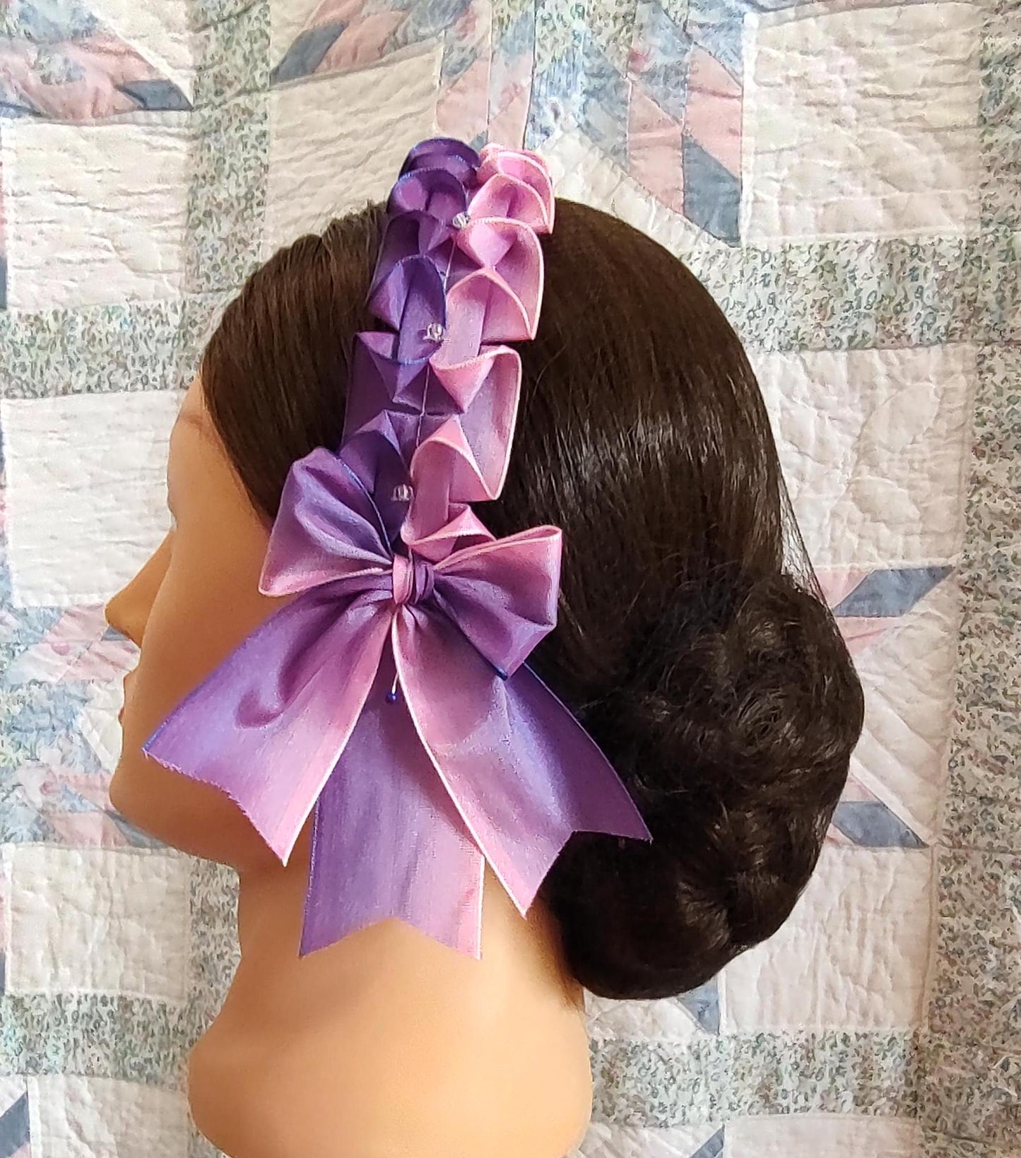 Civil War Hairnet Embellished with Pink/Purple Ombre Folded Ribbon, Mid-19th Century, Victorian, Headpiece,