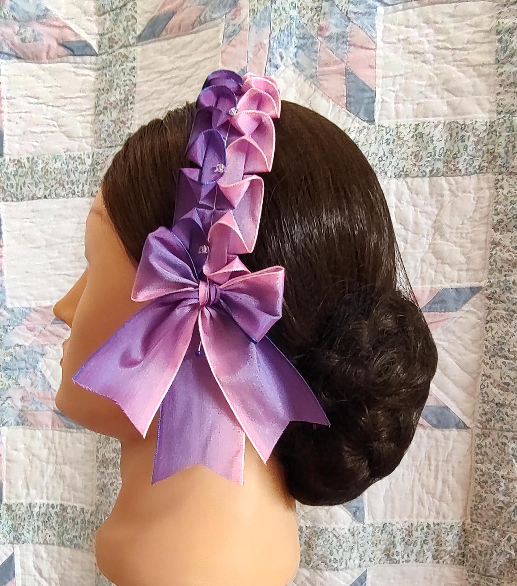 Civil War Hairnet Embellished with Pink/Purple Ombre Folded Ribbon, Mid-19th Century, Victorian, Headpiece,