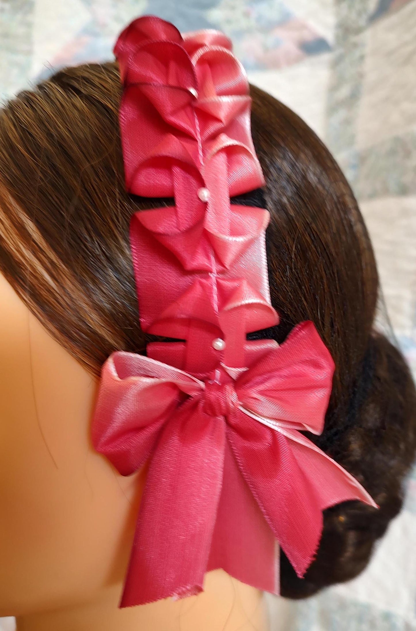 Civil War Hairnet Embellished with Red Ombre Folded Ribbon, Mid-19th Century, Victorian, Headpiece,