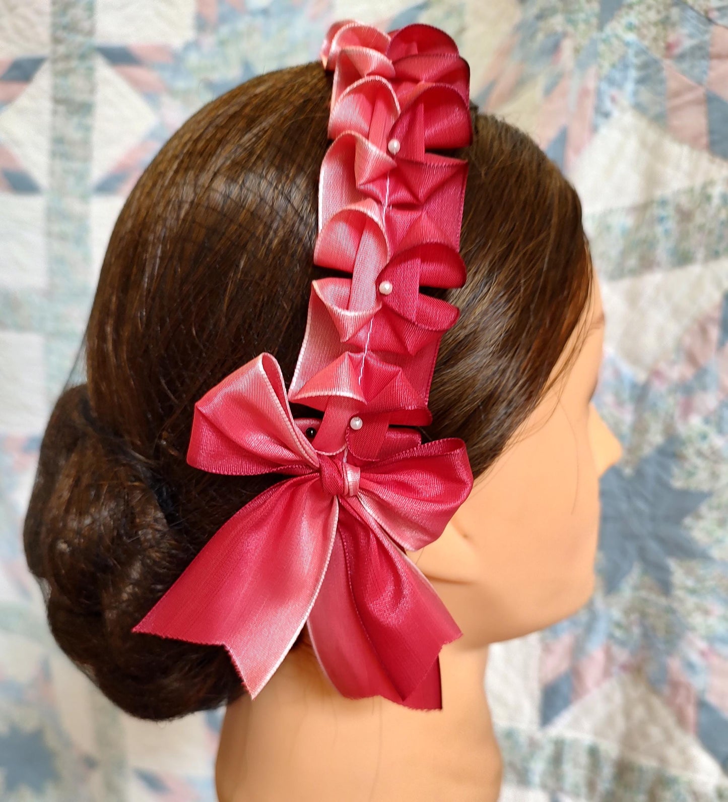 Civil War Hairnet Embellished with Red Ombre Folded Ribbon, Mid-19th Century, Victorian, Headpiece,