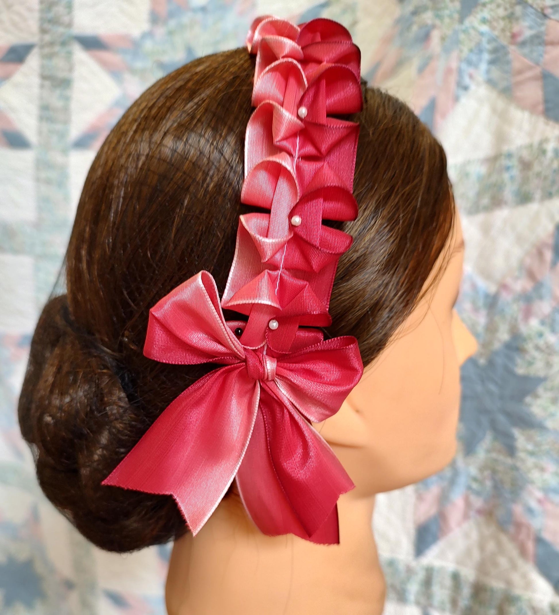 Civil War Hairnet Embellished with Red Ombre Folded Ribbon, Mid-19th Century, Victorian, Headpiece,