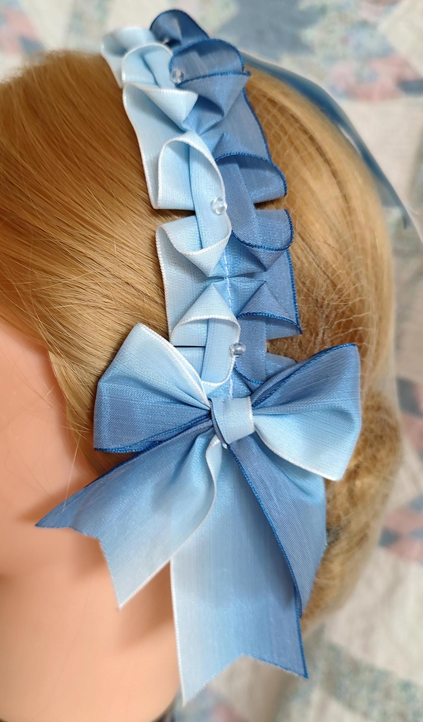 Civil War Hairnet Embellished with Blue Ombre Folded Ribbon, Mid-19th Century, Victorian, Headpiece,