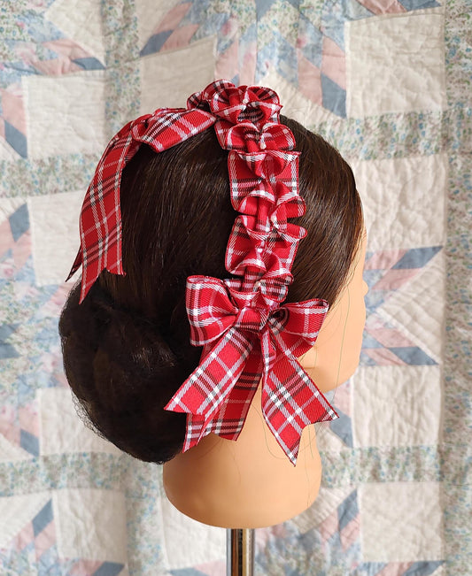 Civil War Hairnet Embellished with Red/ White and Black Folded Ribbon, Mid-19th Century, Victorian, Headpiece,