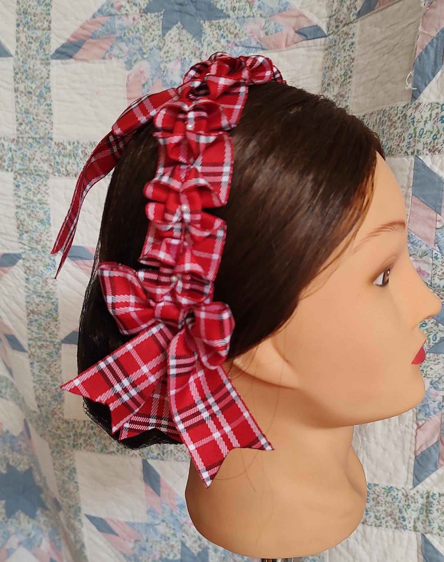Civil War Hairnet Embellished with Red/ White and Black Folded Ribbon, Mid-19th Century, Victorian, Headpiece,